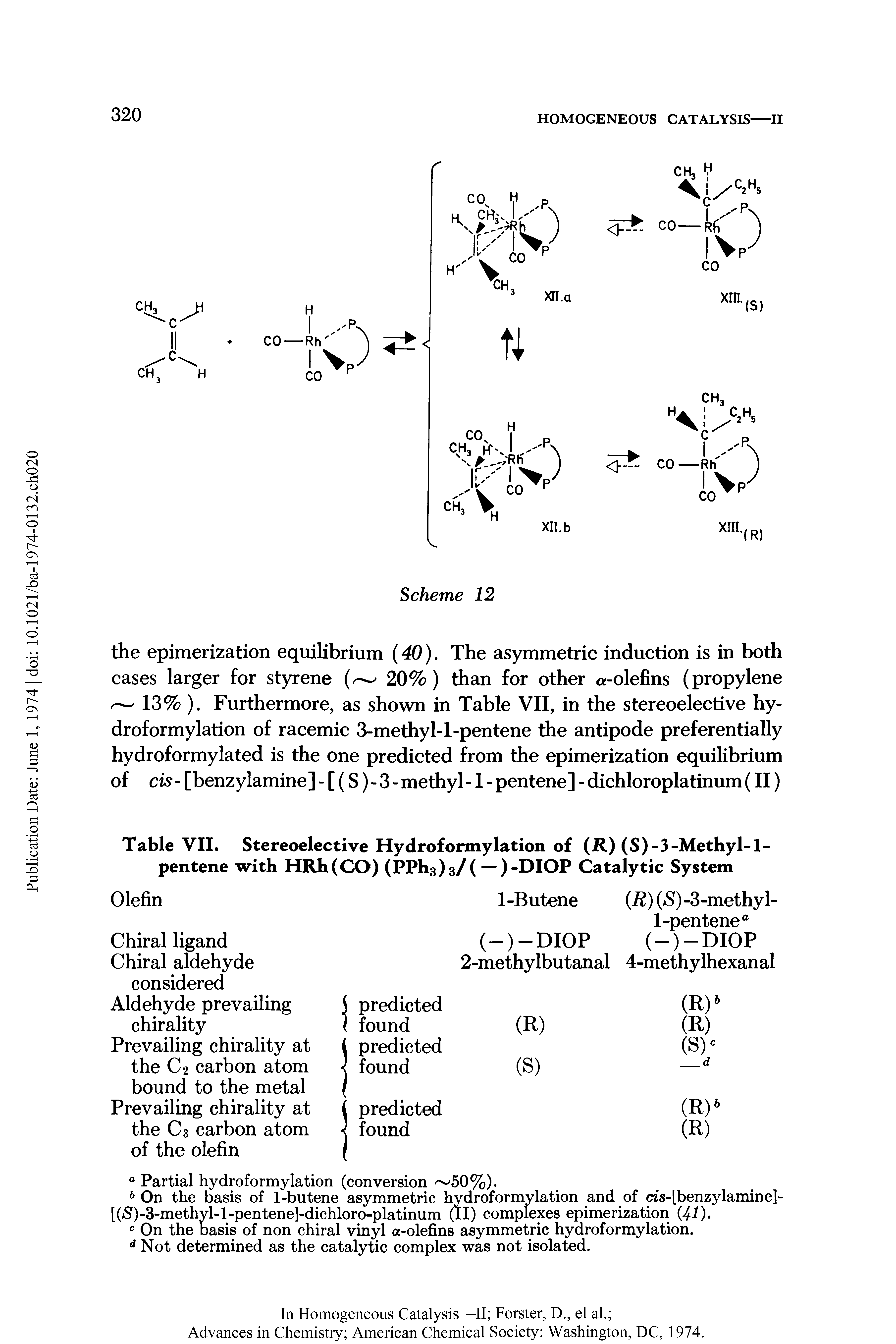 Table VII. Stereoelective Hydroformylation of (R) (S)-3-Methyl-1-pentene with HRh(CO) (PPh3)3/( — )-DIOP Catalytic System...
