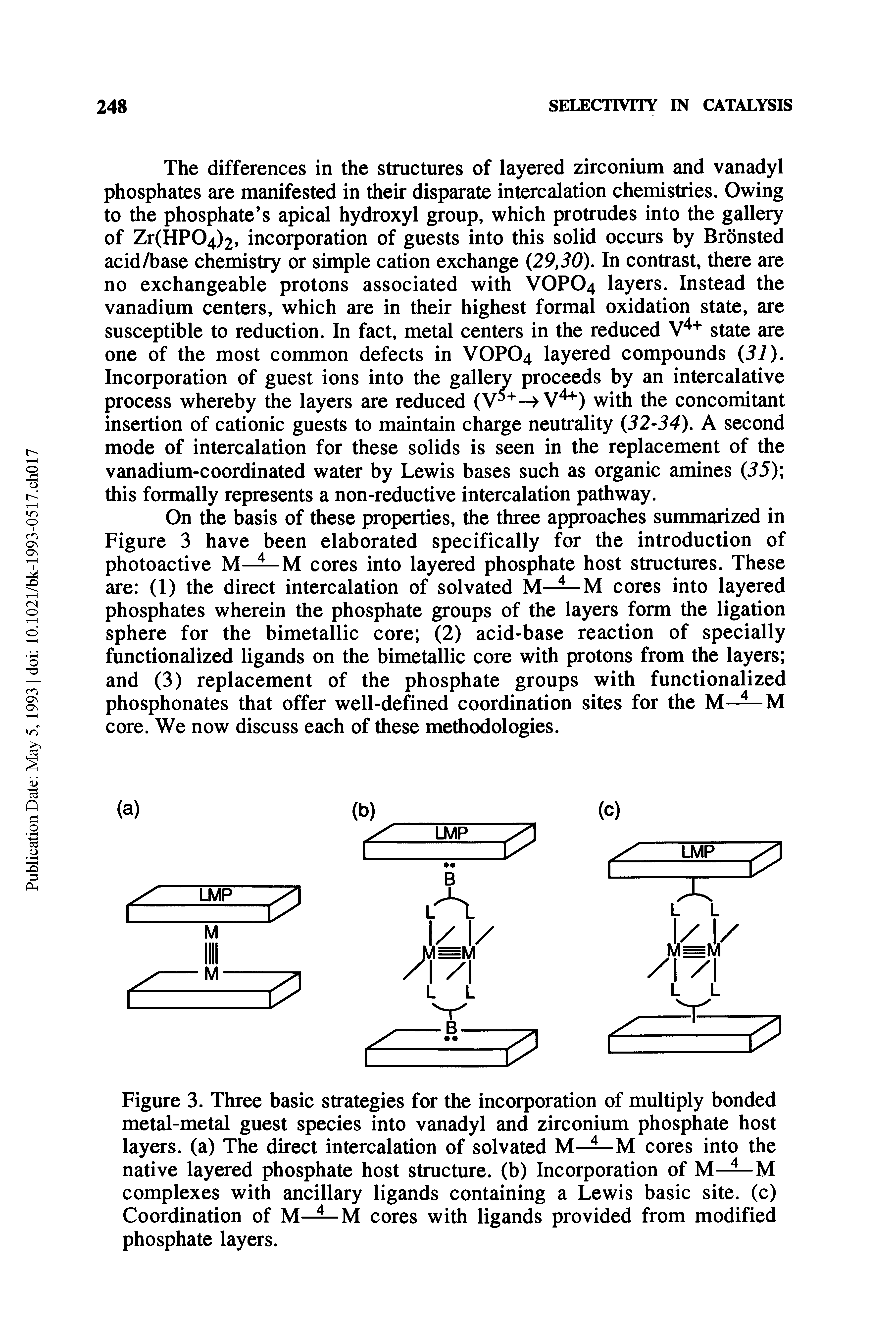 Figure 3. Three basic strategies for the incorporation of multiply bonded metal-metal guest species into vanadyl and zirconium phosphate host layers, (a) The direct intercalation of solvated M—— M cores into the native layered phosphate host structure, (b) Incorporation of M—— M complexes with ancillary ligands containing a Lewis basic site, (c) Coordination of M—— M cores with ligands provided from modified phosphate layers.