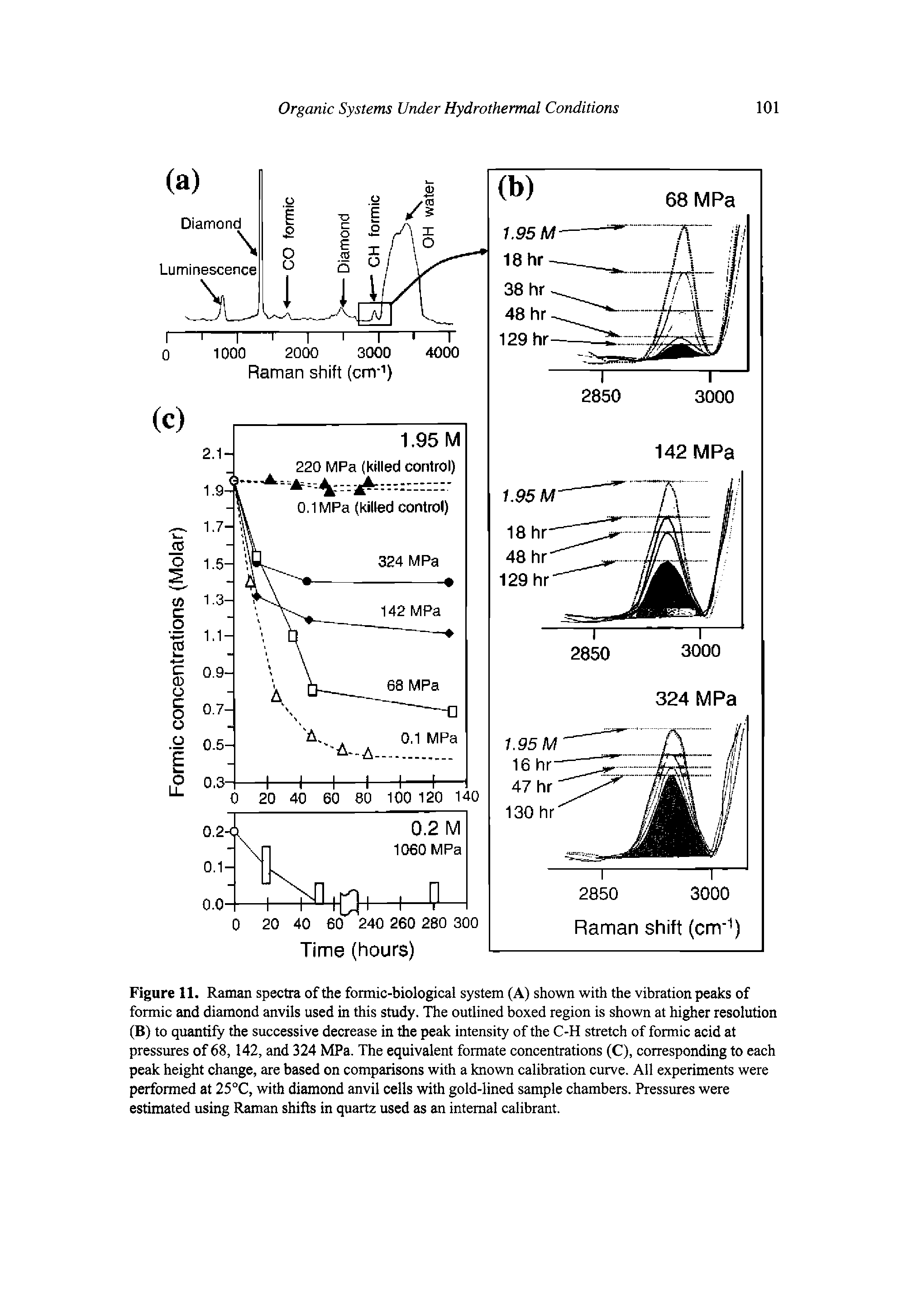 Figure 11. Raman spectra of the formic-biological system (A) shown with the vibration peaks of formic and diamond anvils used in this study. The outlined boxed region is shown at higher resolution (B) to quantify the successive decrease in the peak intensity of the C-H stretch of formic acid at pressures of 68,142, and 324 MPa. The equivalent formate concentrations (C), corresponding to each peak height change, are based on comparisons with a known calibration curve. All experiments were performed at 25°C, with diamond anvil cells with gold-lined sample chambers. Pressures were estimated using Raman shifts in quartz used as an internal calibrant.