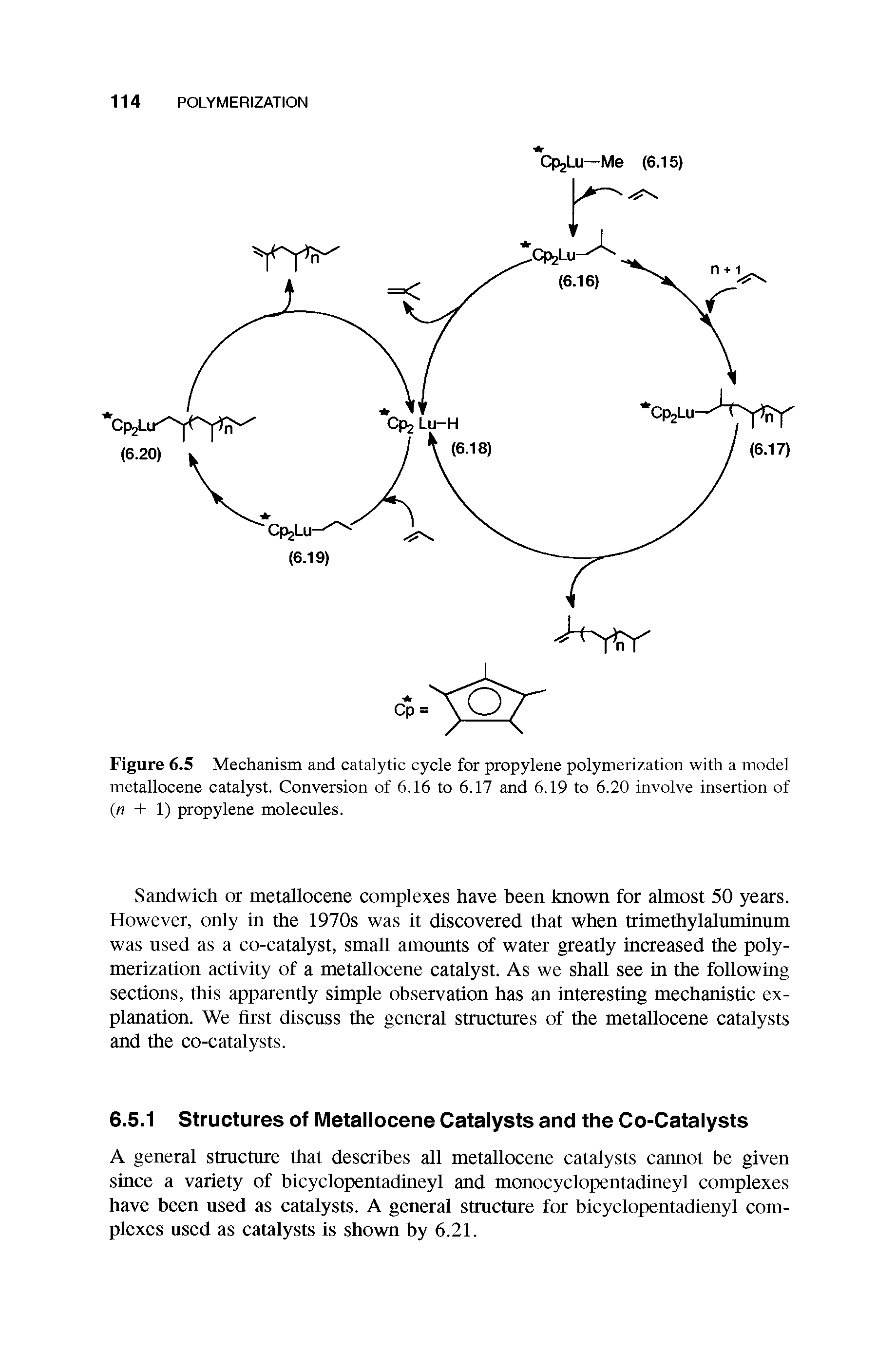 Figure 6.5 Mechanism and catalytic cycle for propylene polymerization with a model metallocene catalyst. Conversion of 6.16 to 6.17 and 6.19 to 6.20 involve insertion of (n + 1) propylene molecules.