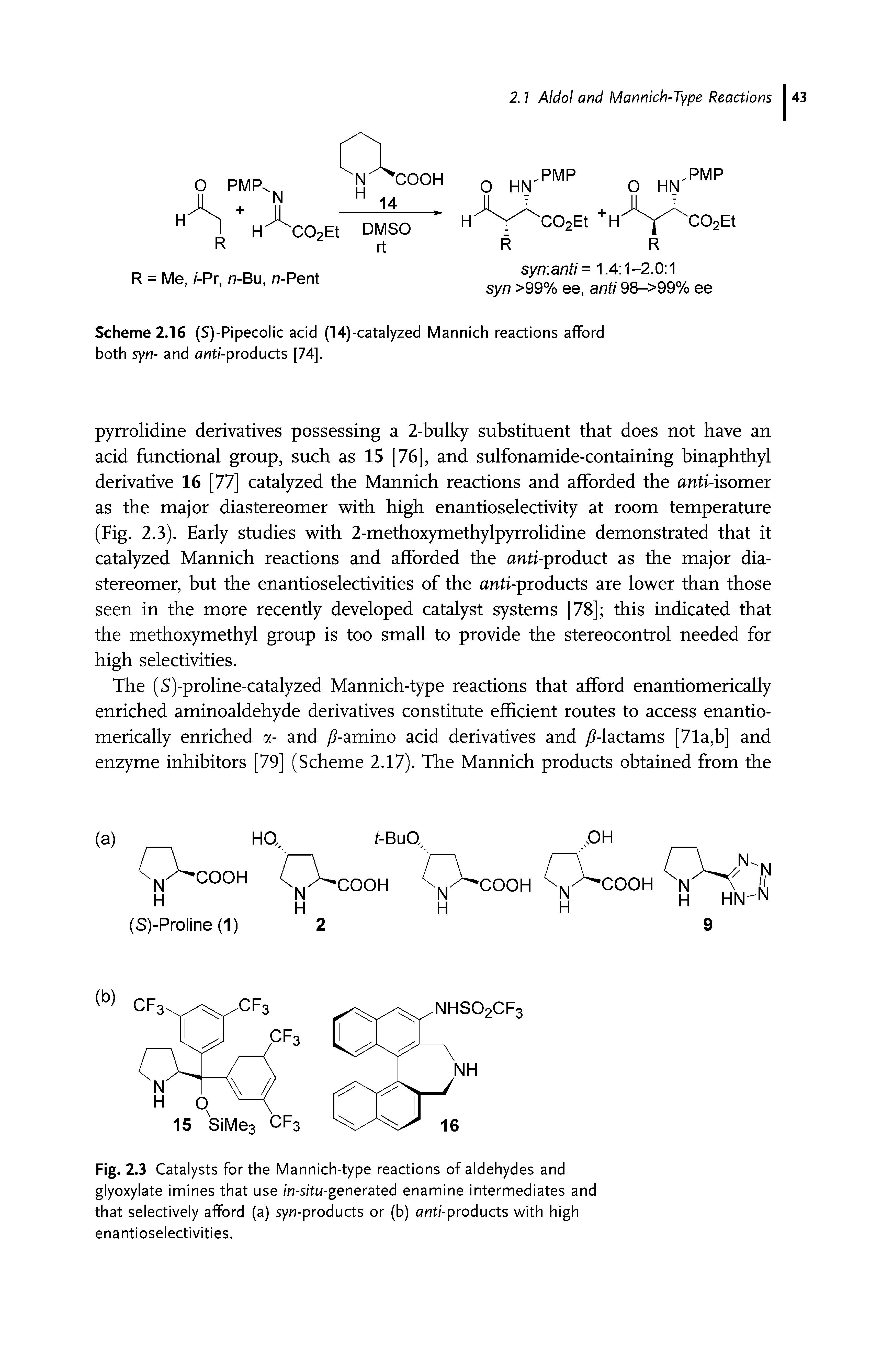 Scheme 2.16 (S)-Pipecolic acid (14)-catalyzed Mannich reactions afford both syn- and anti-products [74].