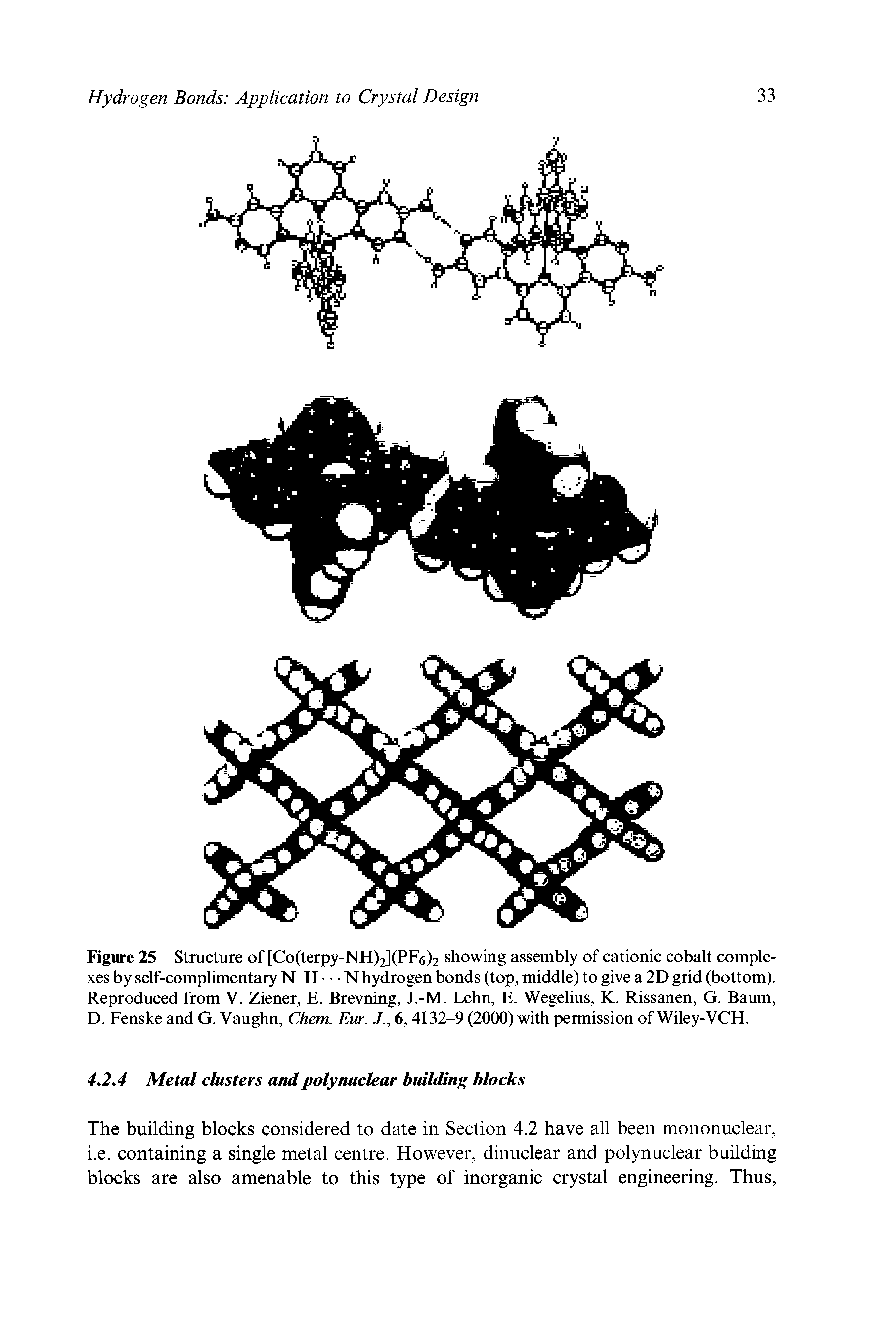 Figure 25 Structure of [Co(terpy-NH)2](PF6)2 showing assembly of cationic cobalt complexes by self-complimentary N-H N hydrogen bonds (top, middle) to give a 2D grid (bottom). Reproduced from V. Ziener, E. Brevning, J.-M. Lehn, E. Wegelius, K. Rissanen, G. Baum, D. Fenske and G. Vaughn, Chem. Eur../., 6,4132-9 (2000) with permission of Wiley-VCH.