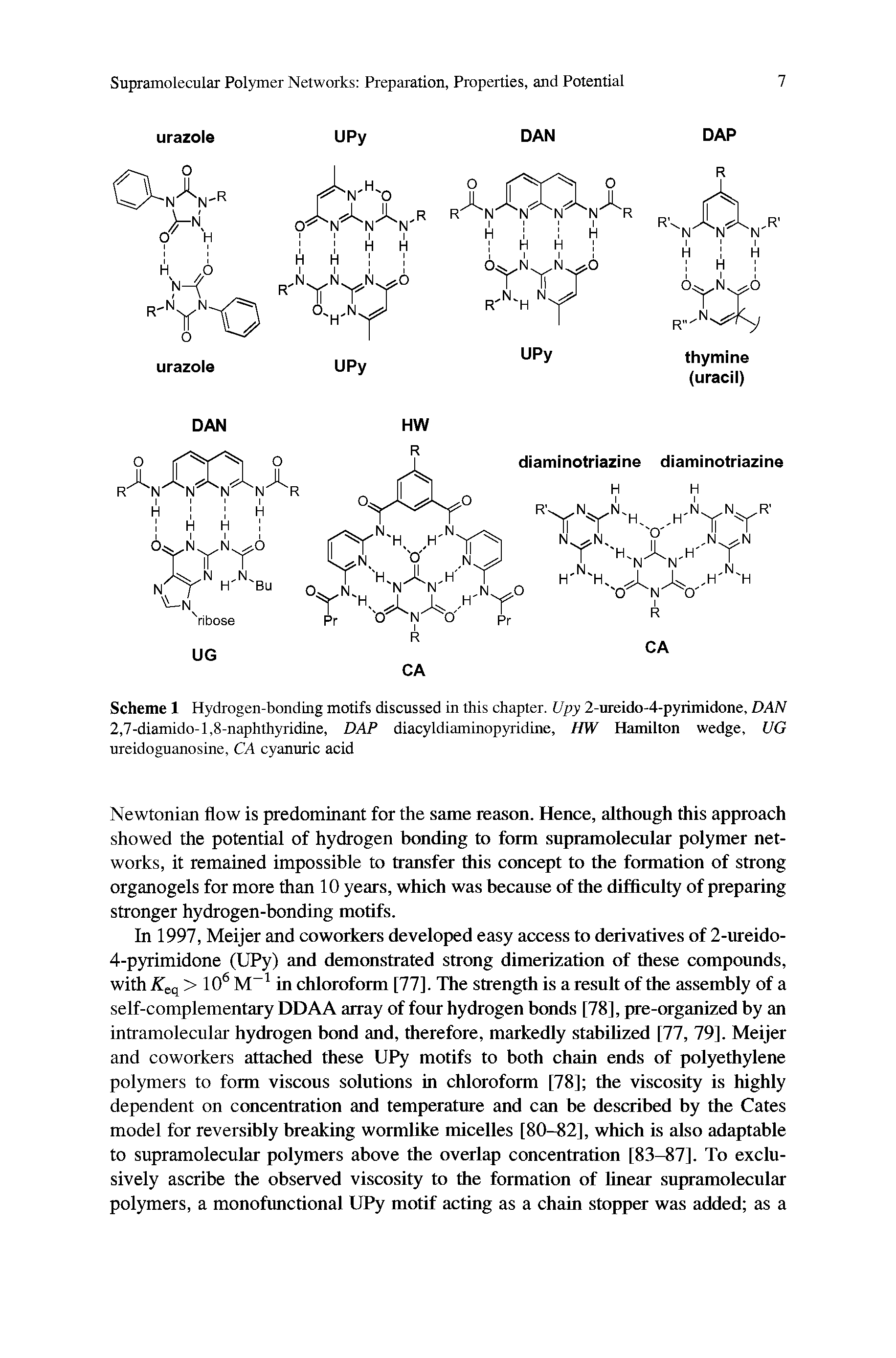 Scheme 1 Hydrogen-bonding motifs discussed in this chapter. Upy 2-ureido-4-pyrimidone, DAN 2,7-diamido-l,8-naphthyridine, DAP diacyldiaminopyridine, HW Hamilton wedge, UG ureidoguanosine, CA cyanuric acid...