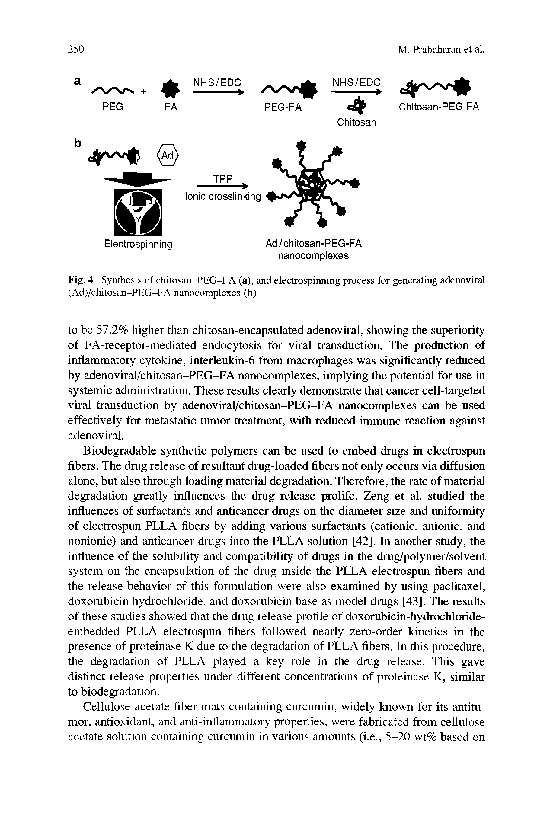 Fig. 4 Synthesis of chitosan-PEG-FA (a), and electrospinning process for generating adenoviral (Ad)/chitosan-PEG-FA nanocomplexes (b)...