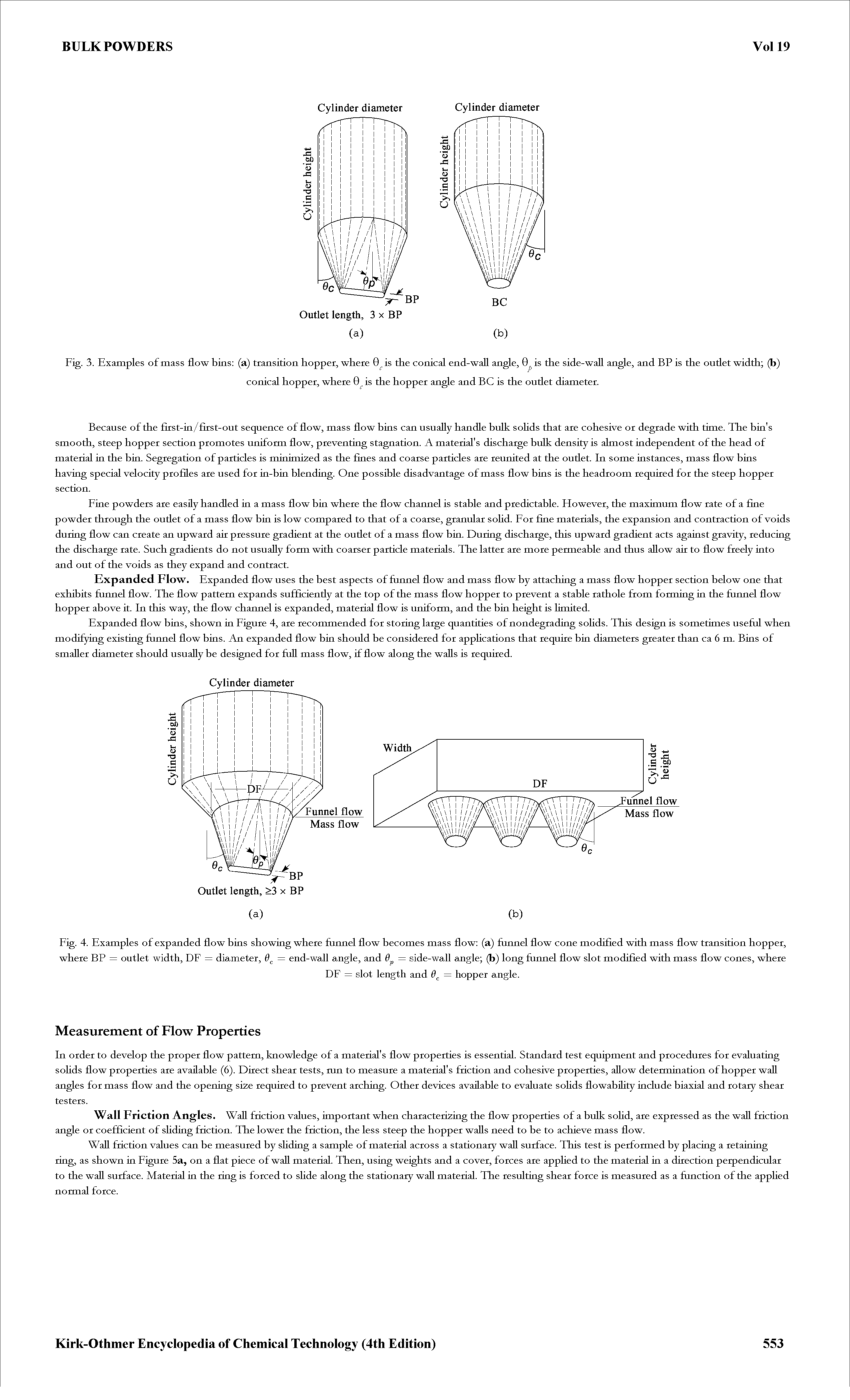 Fig. 4. Examples of expanded dow bins showing where funnel dow becomes mass dow (a) funnel dow cone modified with mass dow transition hopper, where BP = outlet width, DF = diameter, 0 = end-wall angle, and 0 = side-wall angle (b) long funnel dow slot modified with mass dow cones, where...