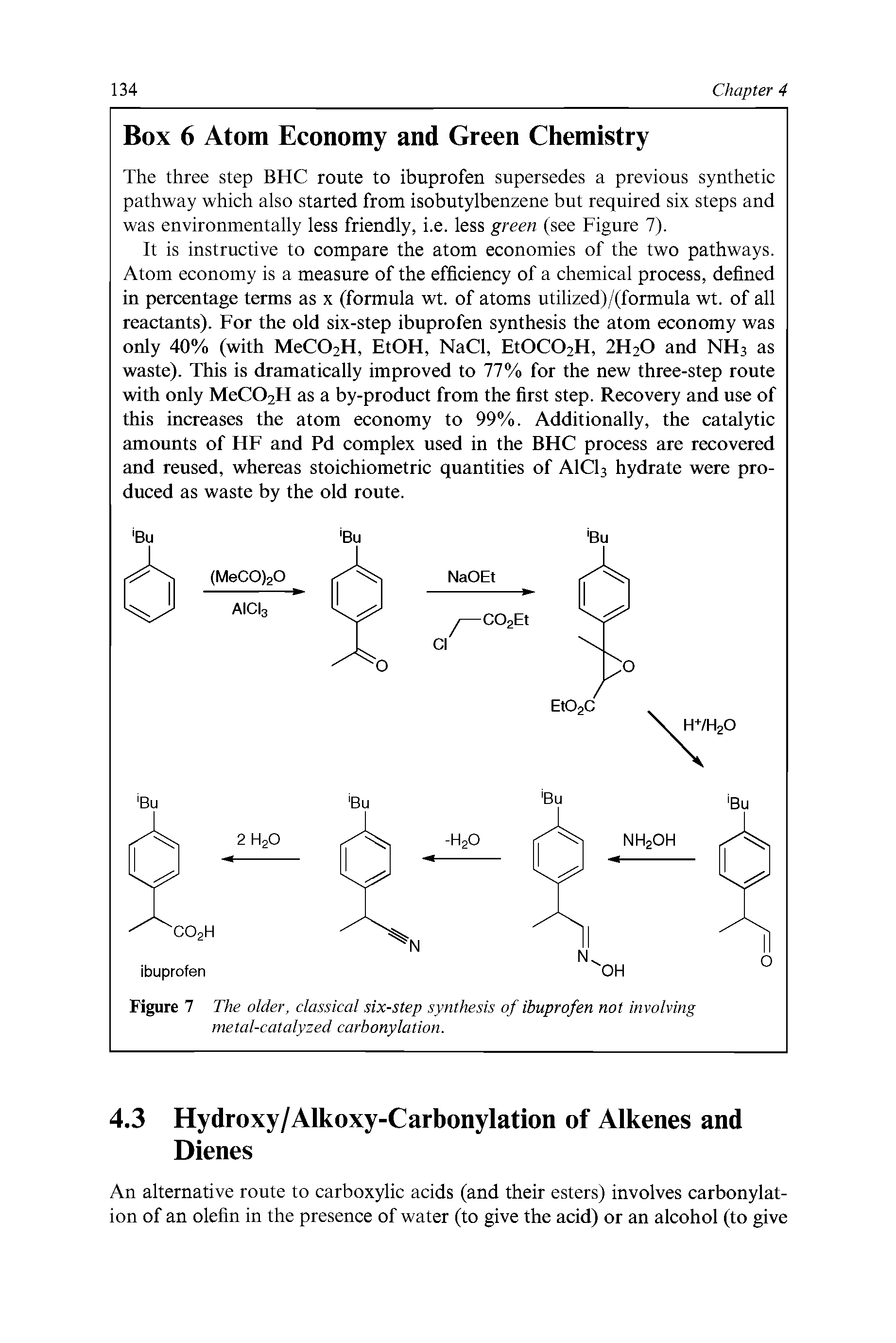 Figure 7 The older, classical six-step synthesis of ibuprofen not involving metal-catalyzed carbonylation.