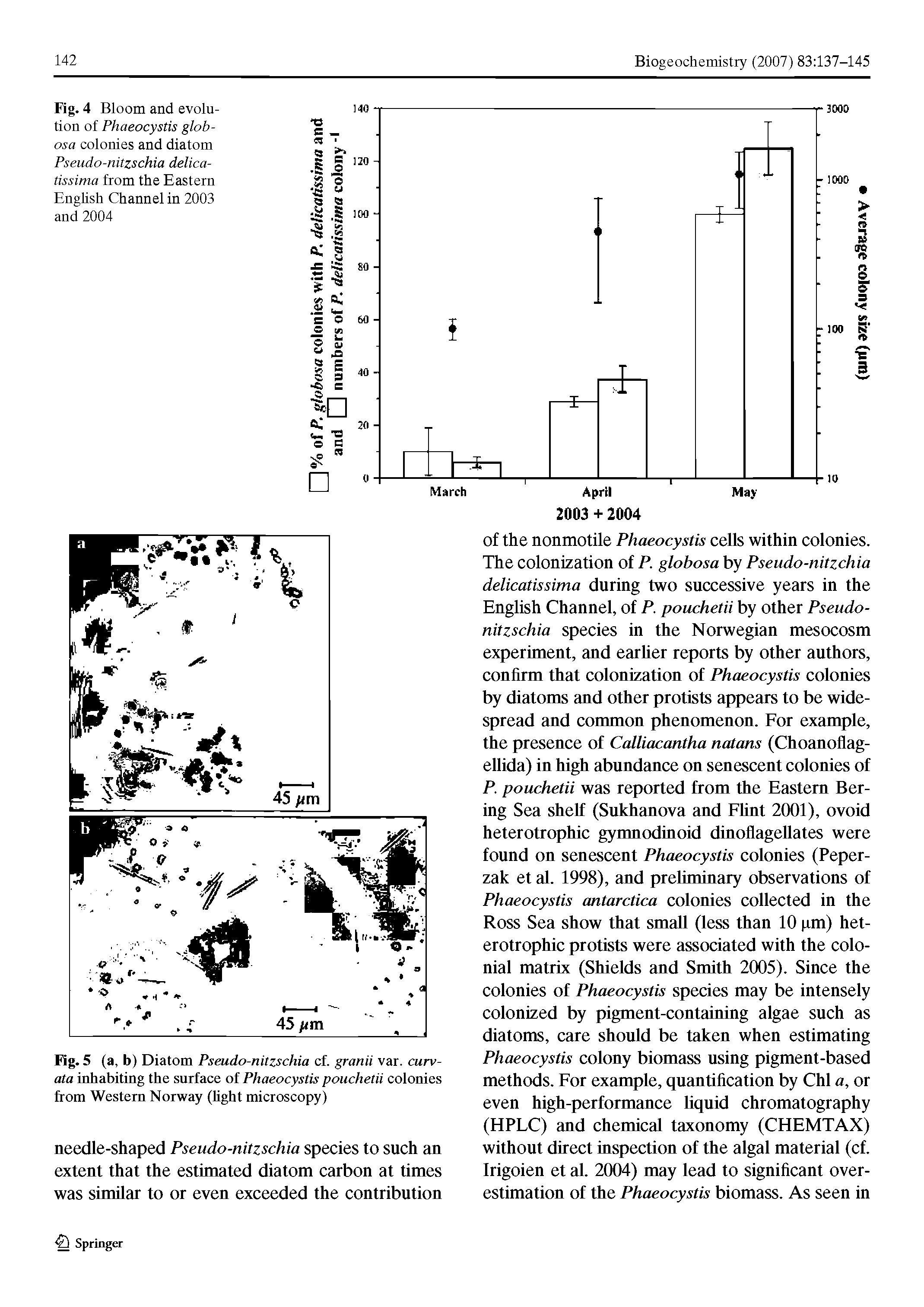 Fig. 4 Bloom and evolution of Phaeocystis glob-osa colonies and diatom Pseudo-nitzschia delica-tissima from the Eastern English Channel in 2003 and 2004...