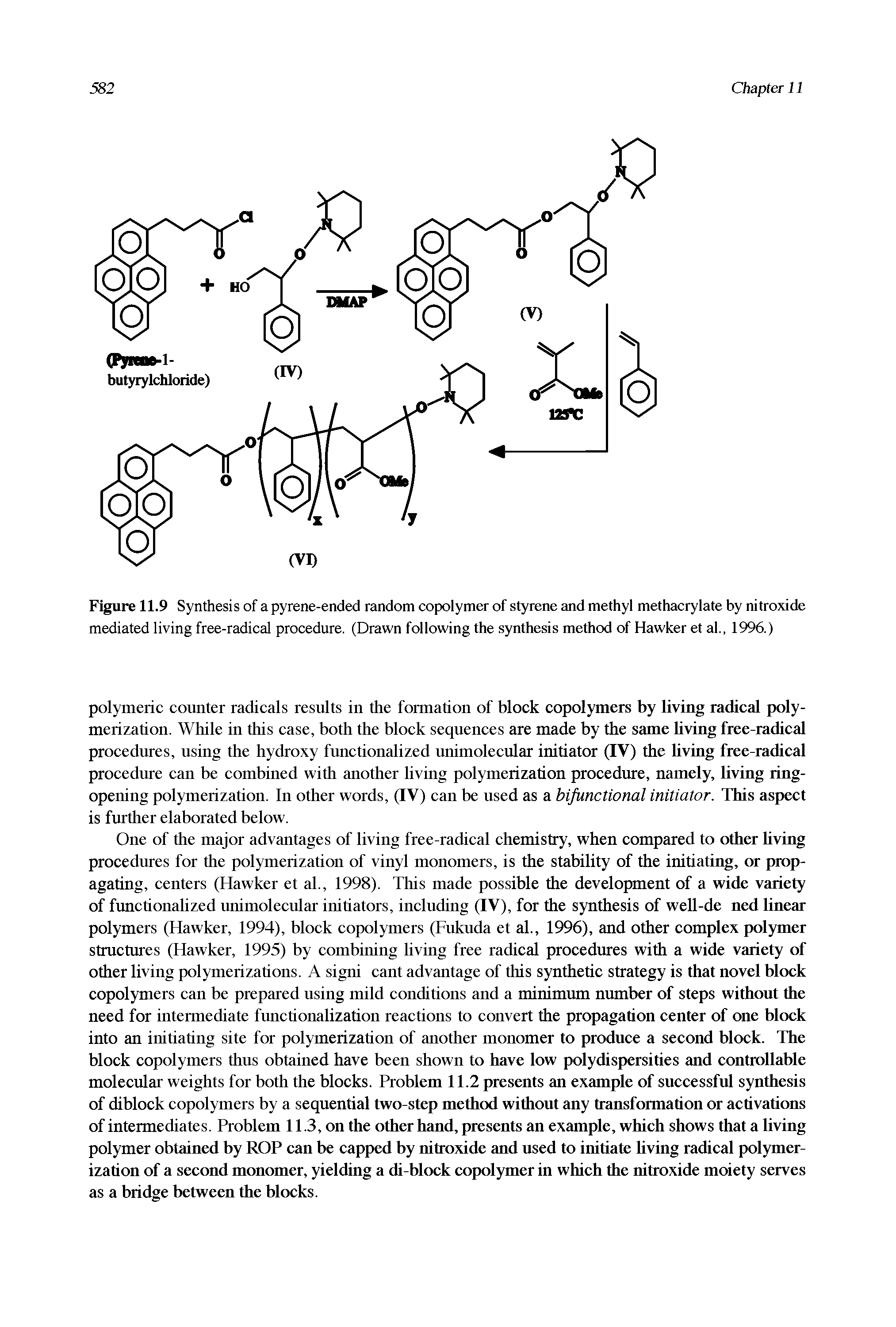 Figure 11.9 Synthesis of a pyrene-ended random copolymer of styrene and methyl methacrylate by nitroxide mediated living free-radical procedure. (Drawn following the synthesis method of Hawker et al., 1996.)...