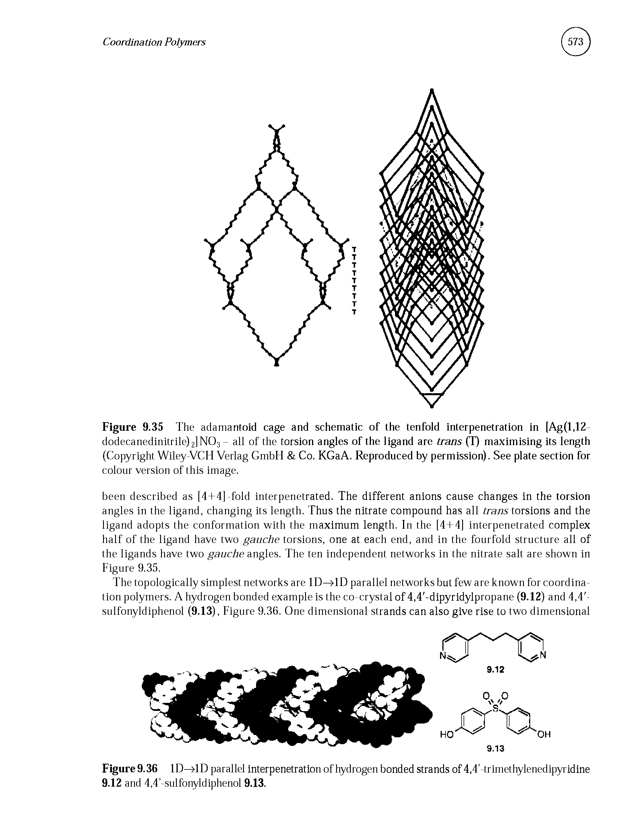 Figure 9.36 ID—>1D parallel interpenetration of hydrogen bonded strands of 4,4 -trimethylenedipyridine 9.12 and 4,4 -sulfonyldiphenol 9.13.