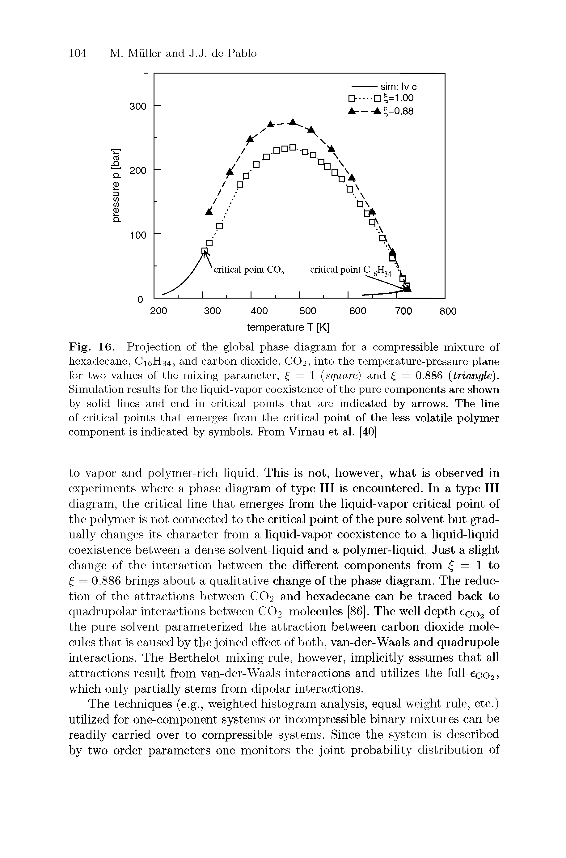 Fig. 16. Projection of the global phase diagram for a compressible mixture of hexadecane, C16H34, and carbon dioxide, CO2, into the temperature-pressure plane for two values of the mixing parameter, = 1 square) and = 0.886 triangle). Simulation results for the liquid-vapor coexistence of the pure components are shown by solid lines and end in critical points that are indicated by arrows. The line of critical points that emerges from the critical point of the less volatile polymer component is indicated by symbols. Prom Virnau et al. [40]...