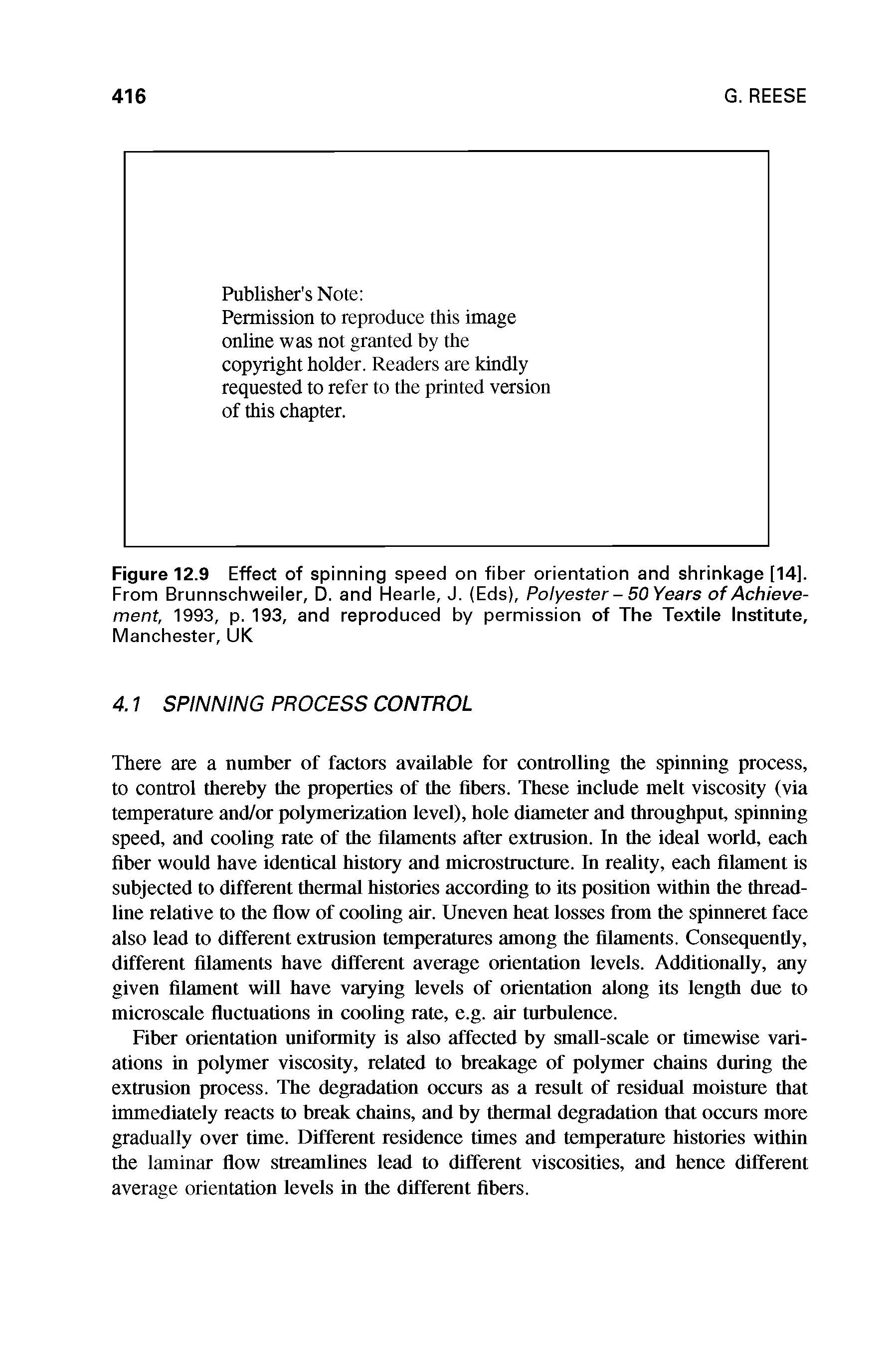 Figure 12.9 Effect of spinning speed on fiber orientation and shrinkage [14]. From Brunnschweiler, D. and Hearle, J. (Eds), Polyester - 50 Years of Achievement, 1993, p. 193, and reproduced by permission of The Textile Institute, Manchester, UK...