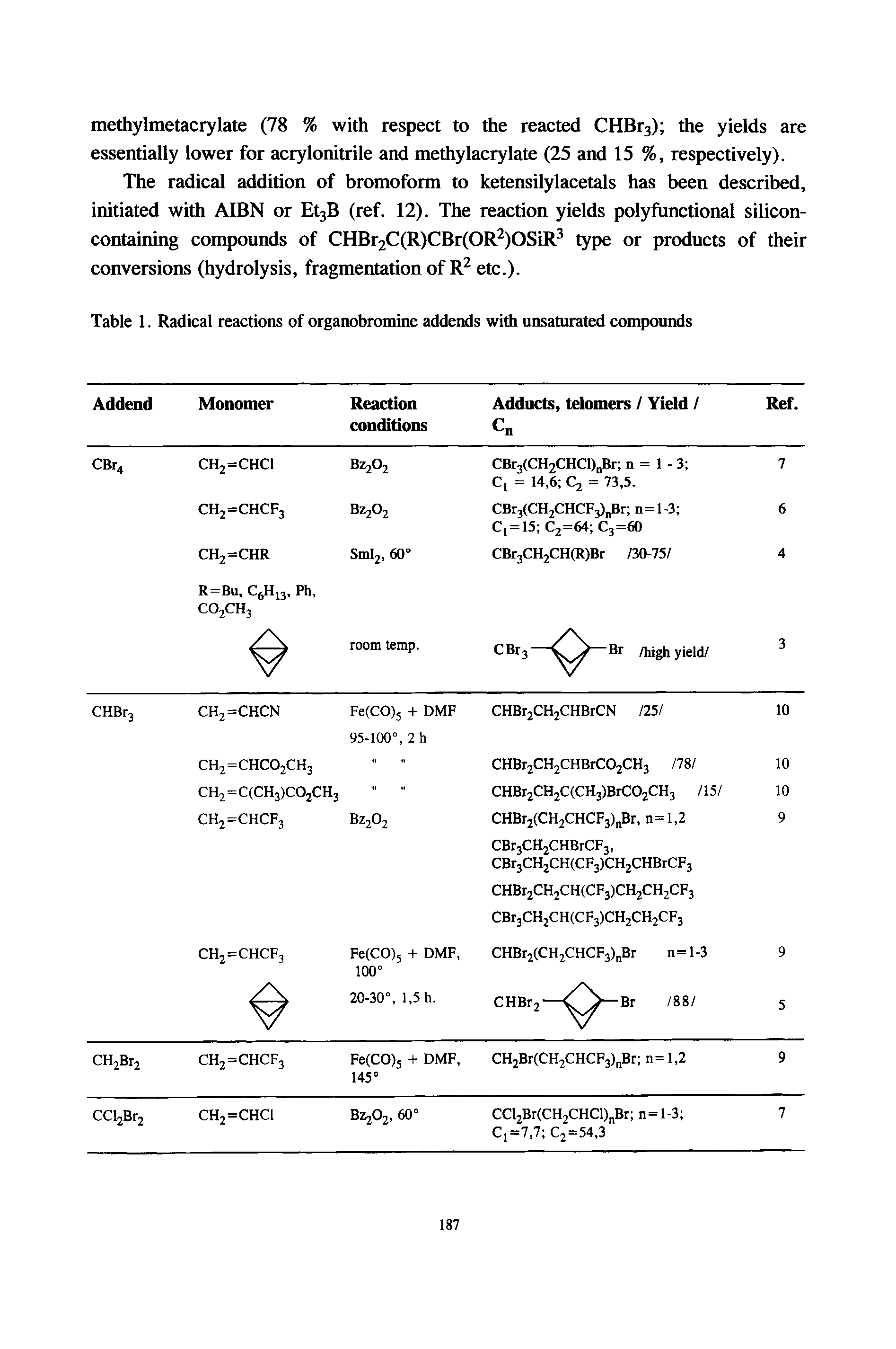 Table 1. Radical reactions of organobrominc addends with unsaturated compounds...