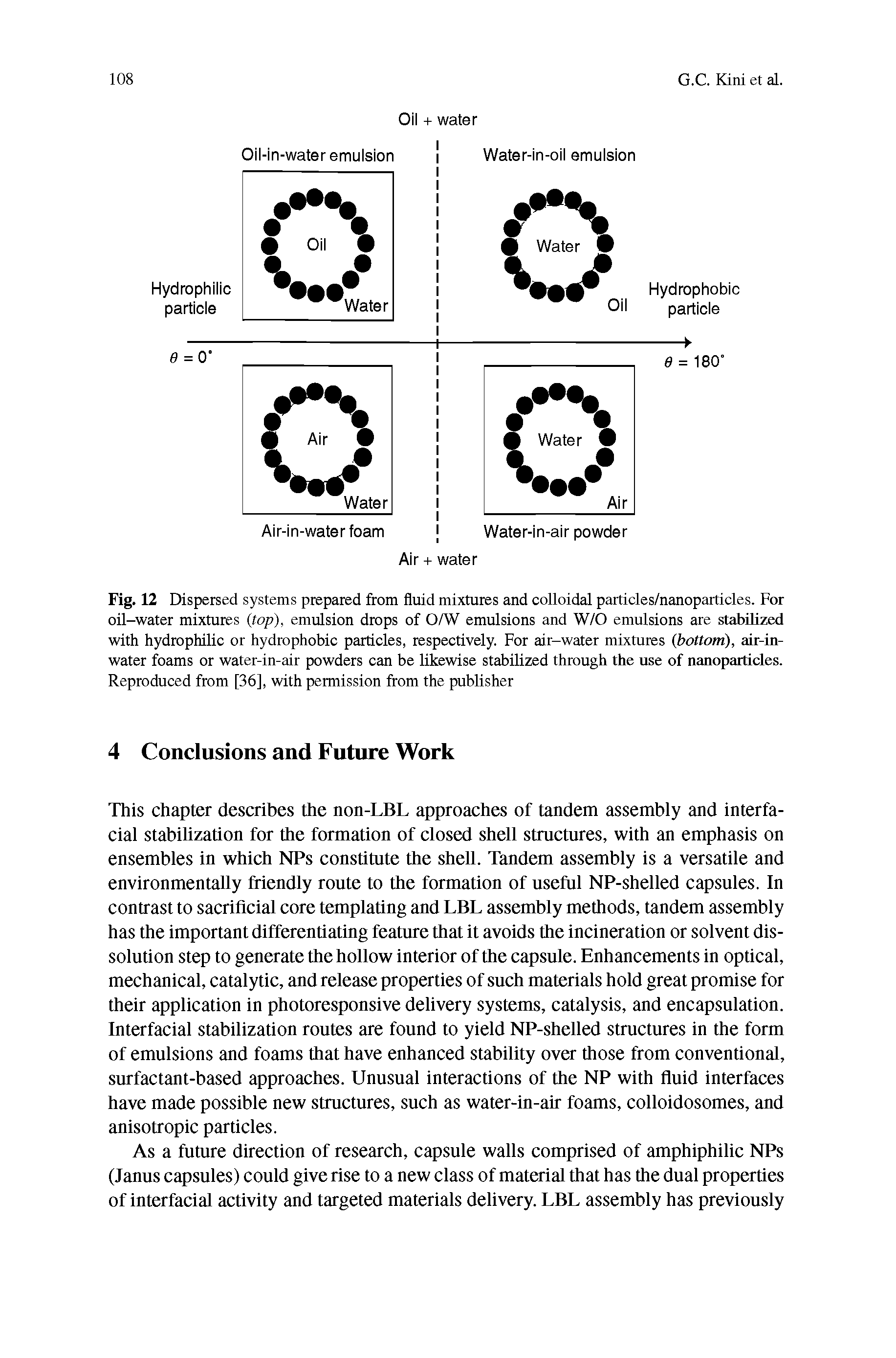 Fig. 12 Dispersed systems prepared from fluid mixtures and colloidal particles/nanoparticles. For oil-water mixtures (top), emulsion drops of OfW emulsions and W/O emulsions are stabilized with hydrophilic or hydrophobic particles, respectively. For air-water mixtures (bottom), air-in-water foams or water-in-air powders can be likewise stabihzBd through the use of nanoparticles. Reproduced from [36], with permission from the publisher...