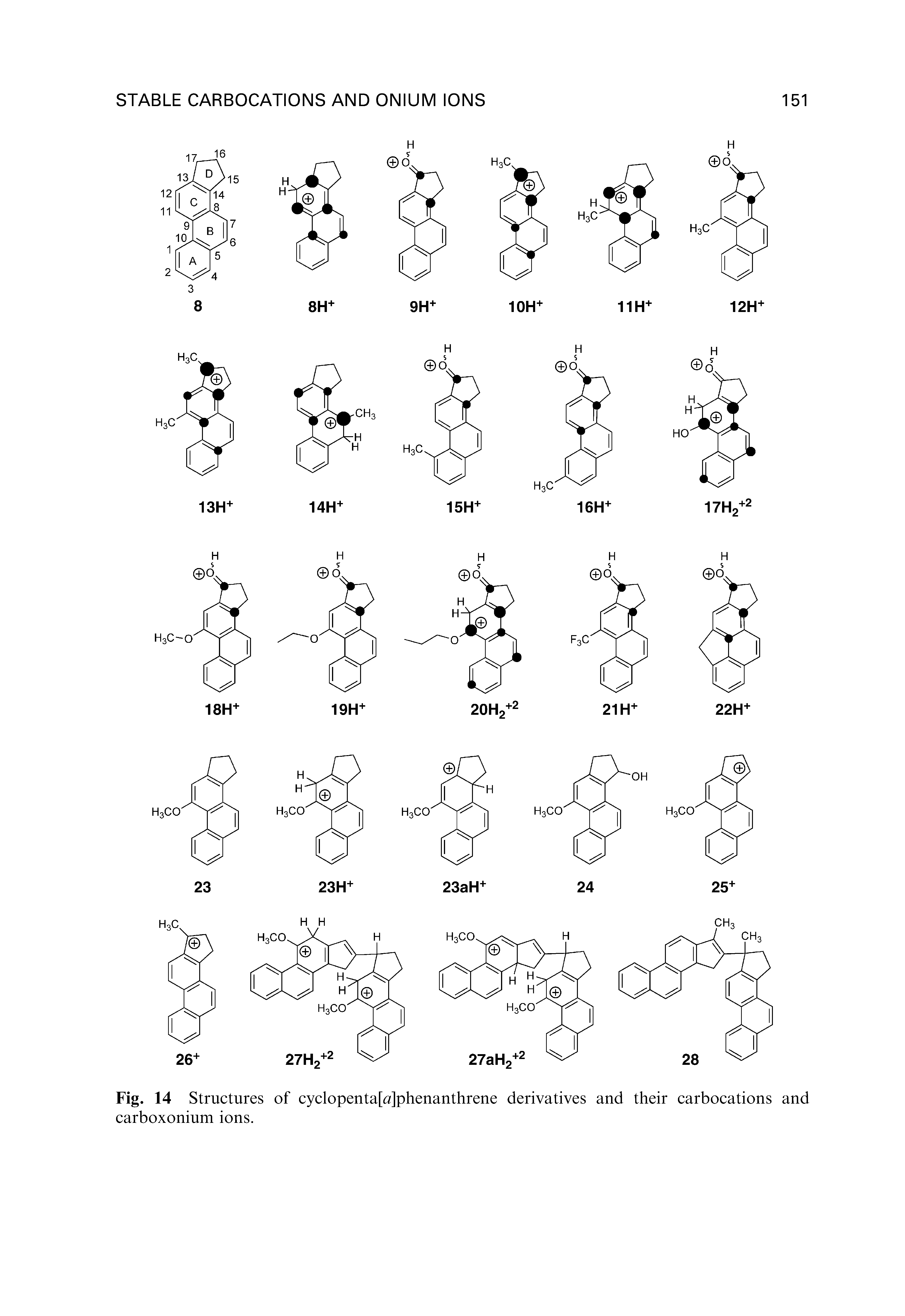 Fig. 14 Structures of cyclopenta[(2]phenanthrene derivatives and their carbocations and carboxonium ions.