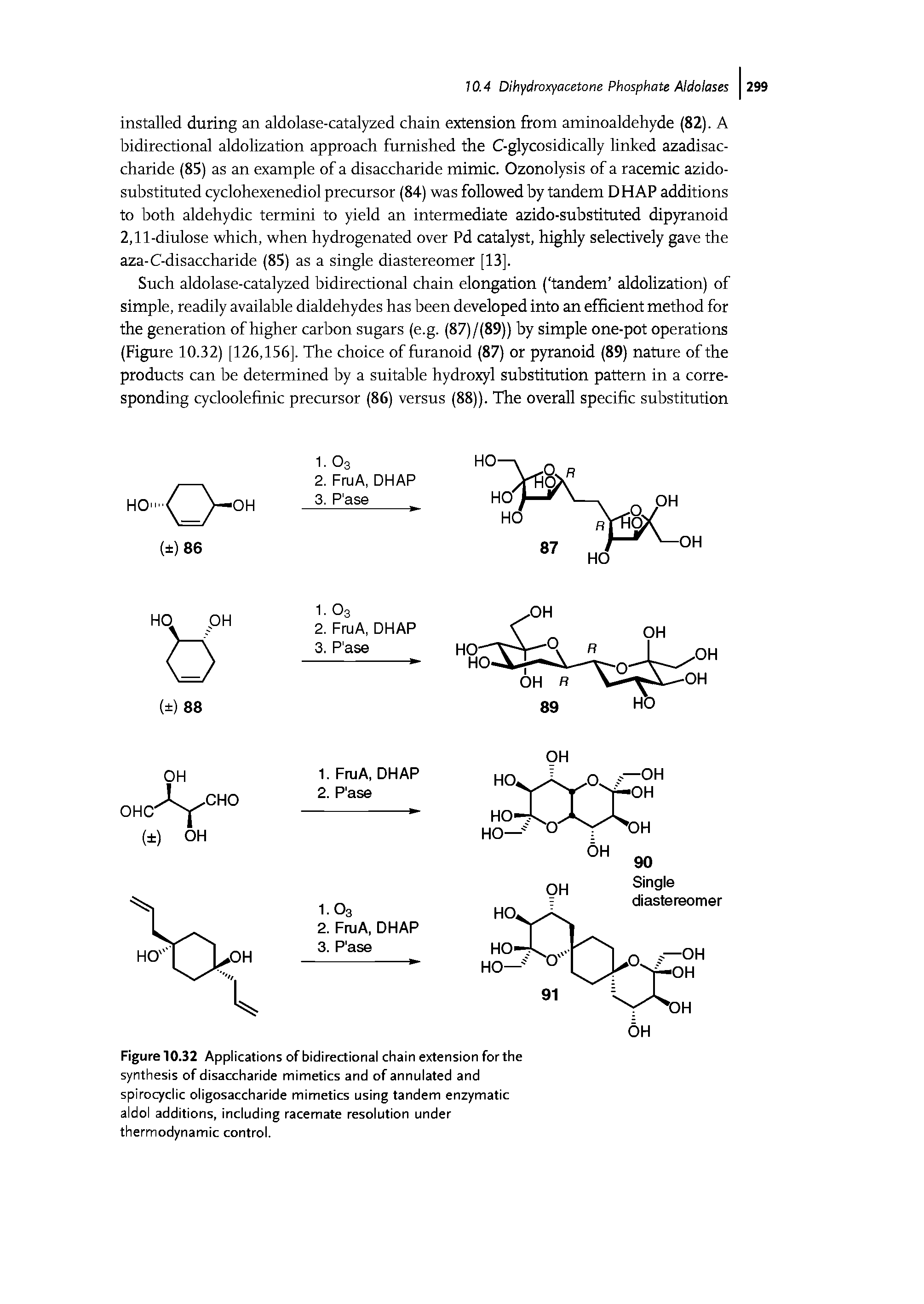 Figure 10.32 Applications of bidirectional chain extension for the synthesis of disaccharide mimetics and of annulated and spirocyclic oligosaccharide mimetics using tandem enzymatic aldol additions, including racemate resolution under thermodynamic control.