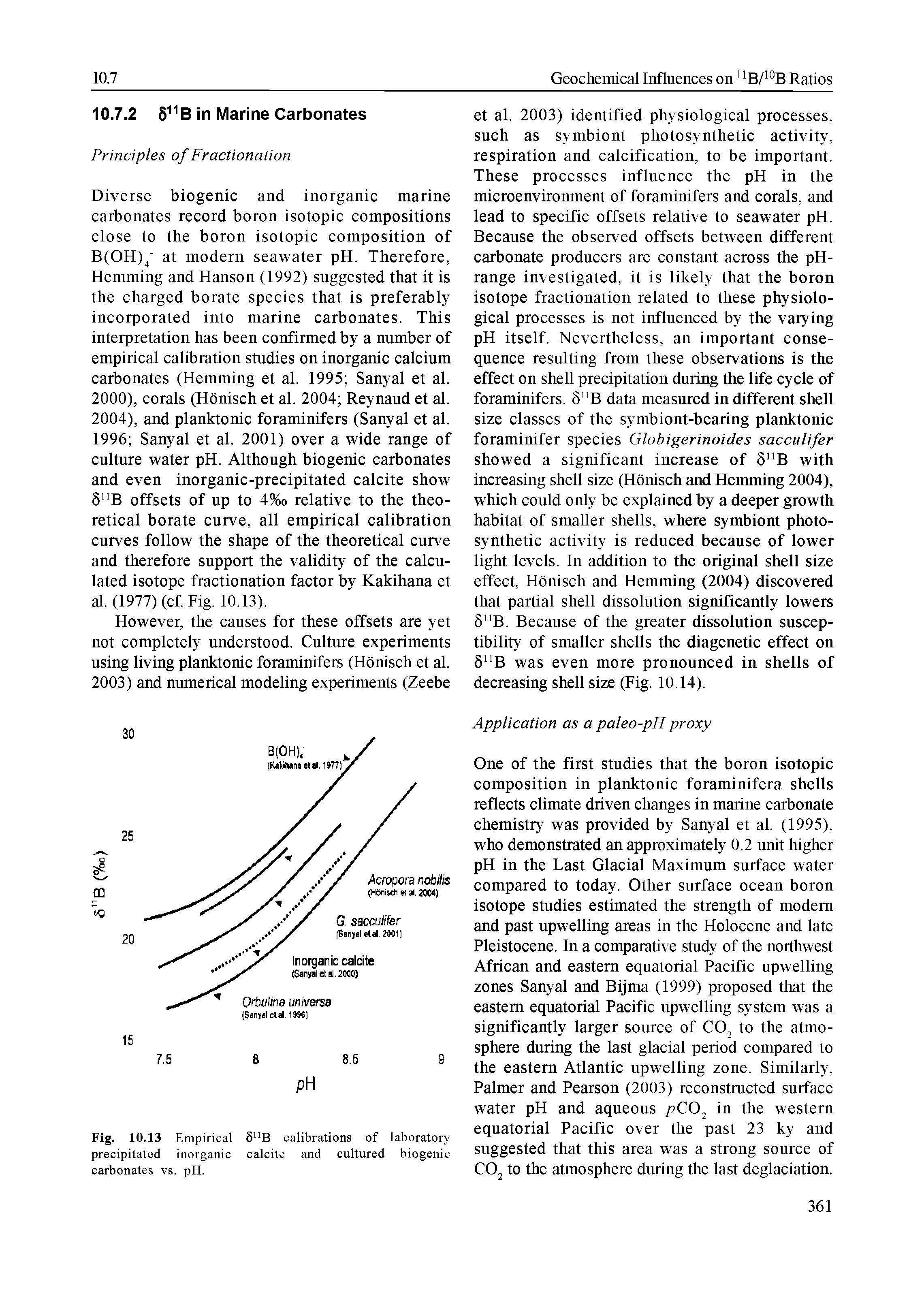 Fig. 10.13 Empirical 5 B calibrations of laboratory precipitated inorganic calcite and cultured biogenic carbonates vs. pH.
