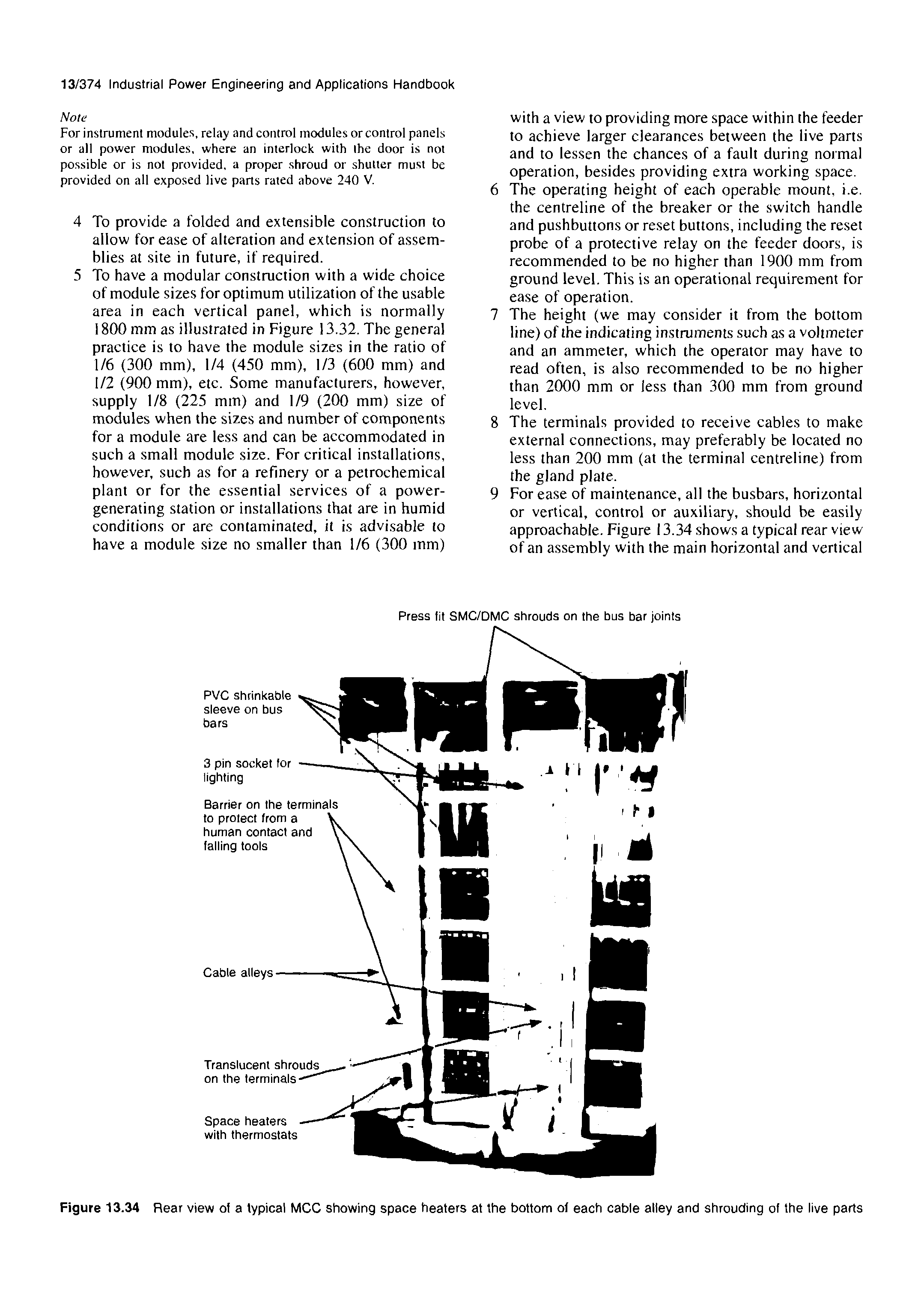 Figure 13.34 Rear view of a typical MCC showing space heaters at the bottom of each cable alley and shrouding of the live parts...