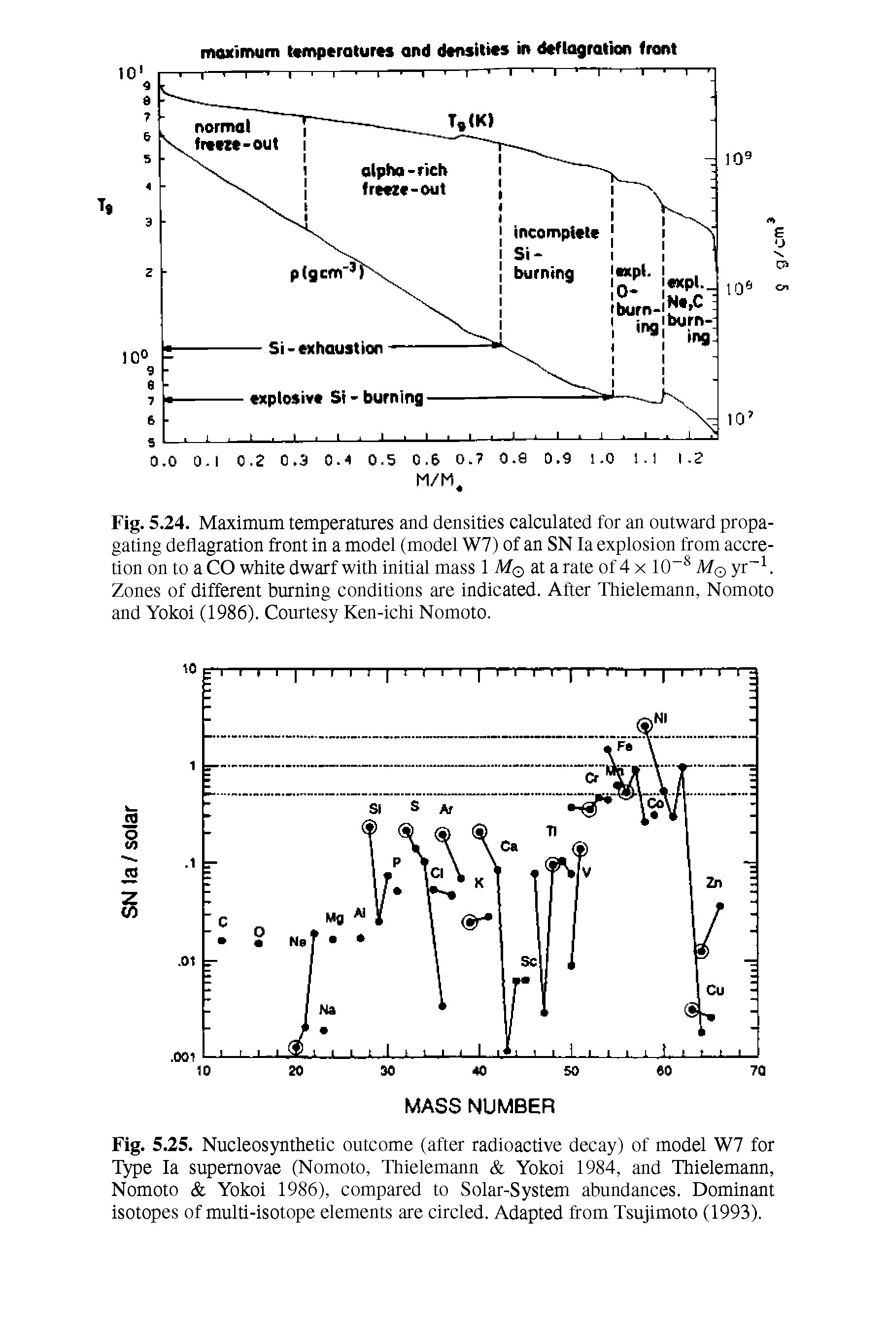 Fig. 5.25. Nucleosynthetic outcome (after radioactive decay) of model W7 for Type la supernovae (Nomoto, Thielemann Yokoi 1984, and Thielemann, Nomoto Yokoi 1986), compared to Solar-System abundances. Dominant isotopes of multi-isotope elements are circled. Adapted from Tsujimoto (1993).