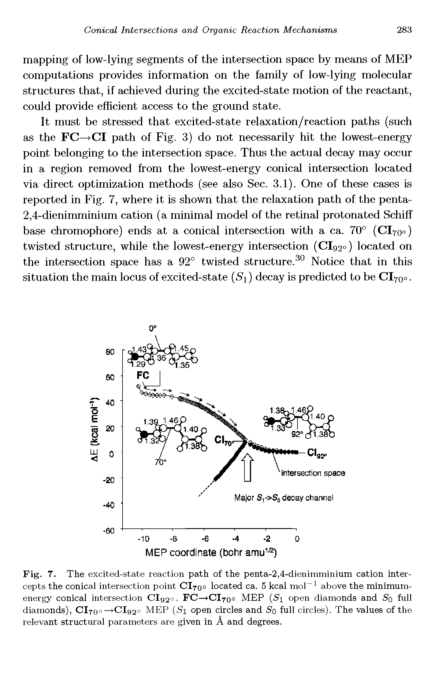 Fig. 7. The excited-state reaction path of the penta-2,4-dienimminium cation intercepts the conical intersection point CI700 located ca. 5 kcal mol above the minimum-energy conical intersection CIq2o. FC— Cl7oo MEP ( i open diamonds and So full diamonds), Cl7oo Cl92o MEP (5i open circles and So full circles). The values of the relevant structural parameters are given in A and degrees.