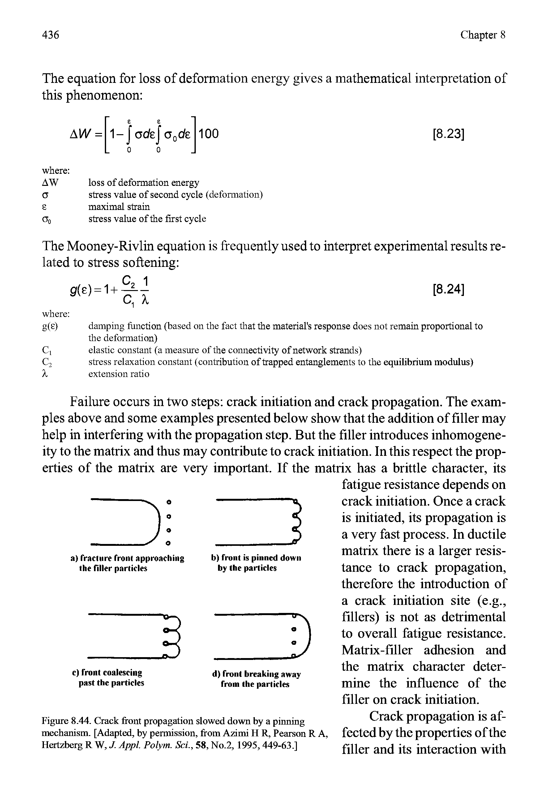 Figure 8.44. Crack front propagation slowed down by a pinning mechanism. [Adapted, by permission, from Azimi H R, Pearson R A, Hertzberg R W, J. Appl. Polym. Sci., 58, No.2, 1995,449-63.]...