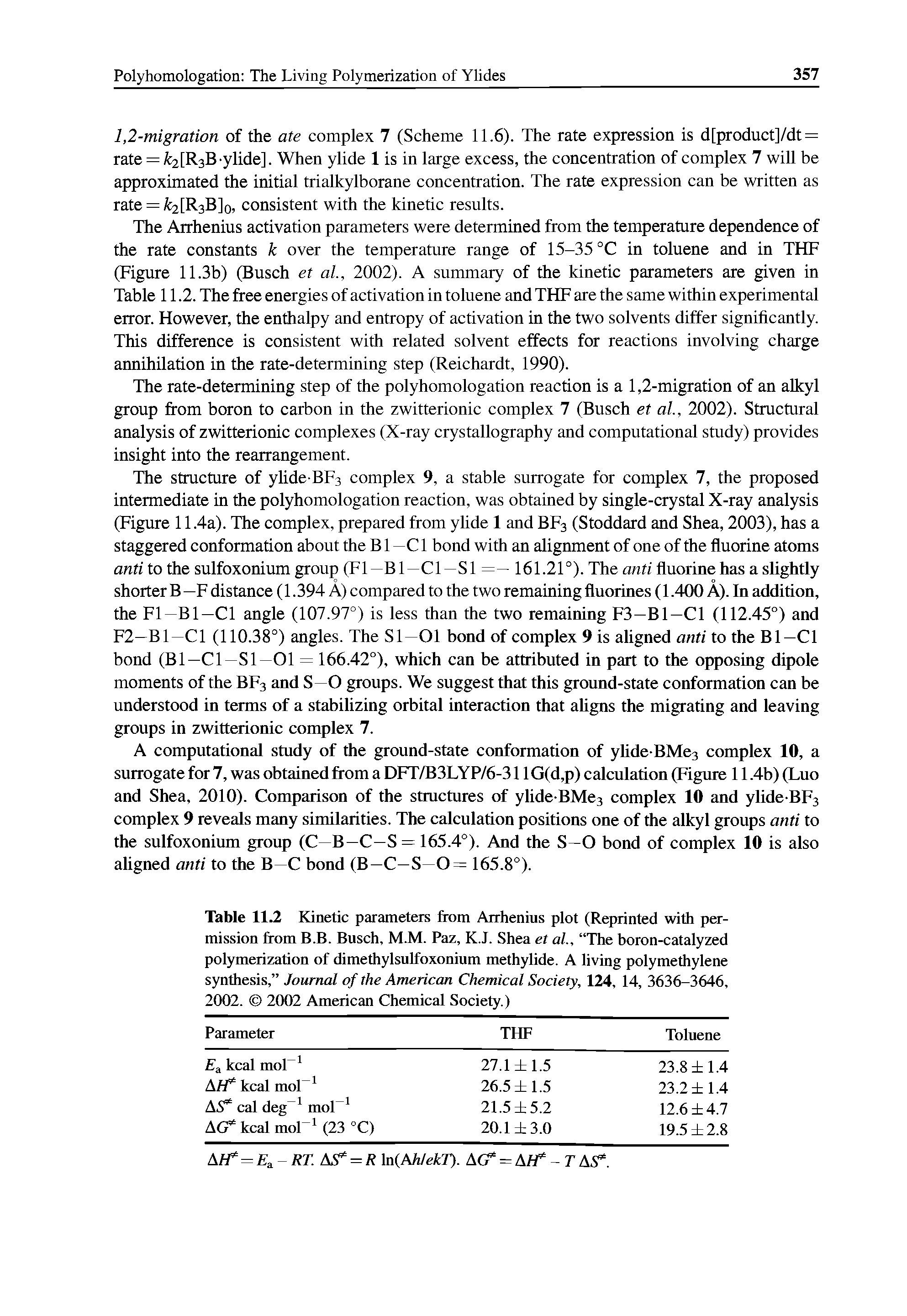 Table 11.2 Kinetic parameters from Arrhenius plot (Reprinted with permission from B.B. Busch, M.M. Paz, K.J. Shea et al., The boron-catalyzed polymerization of dimethylsulfoxonium methylide. A living polymethylene synthesis, Journal of the American Chemical Society, 124, 14, 3636-3646, 2002. 2002 American Chemical Society.)...