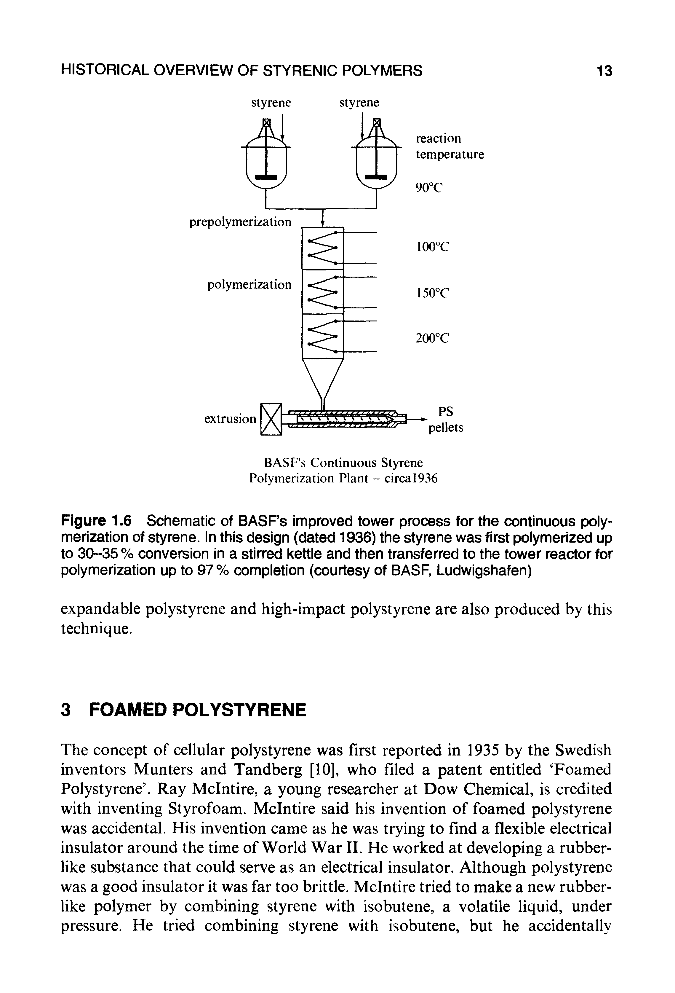 Figure 1.6 Schematic of BASF s improved tower process for the continuous polymerization of styrene. In this design (dated 1936) the styrene was first polymerized up to 30-35% conversion in a stirred kettle and then transferred to the tower reactor for polymerization up to 97% completion (courtesy of BASF, Ludwigshafen)...