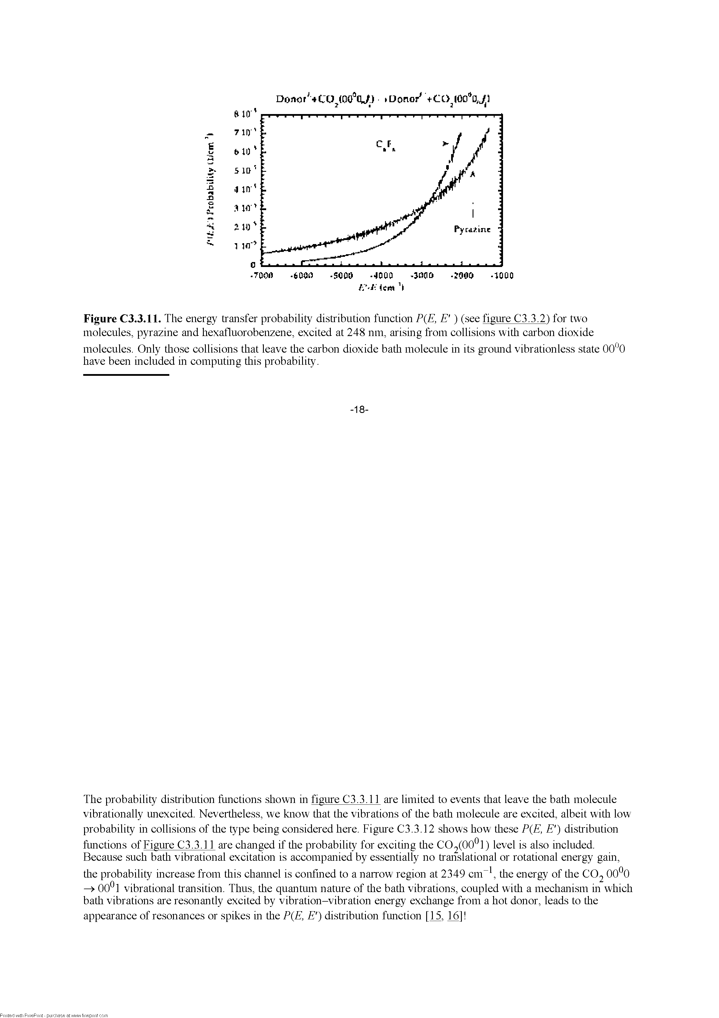 Figure C3.3.11. The energy transfer probability distribution function P(E, E ) (see figure C3.3.2) for two molecules, pyrazine and hexafluorobenzene, excited at 248 nm, arising from collisions with carbon dioxide...