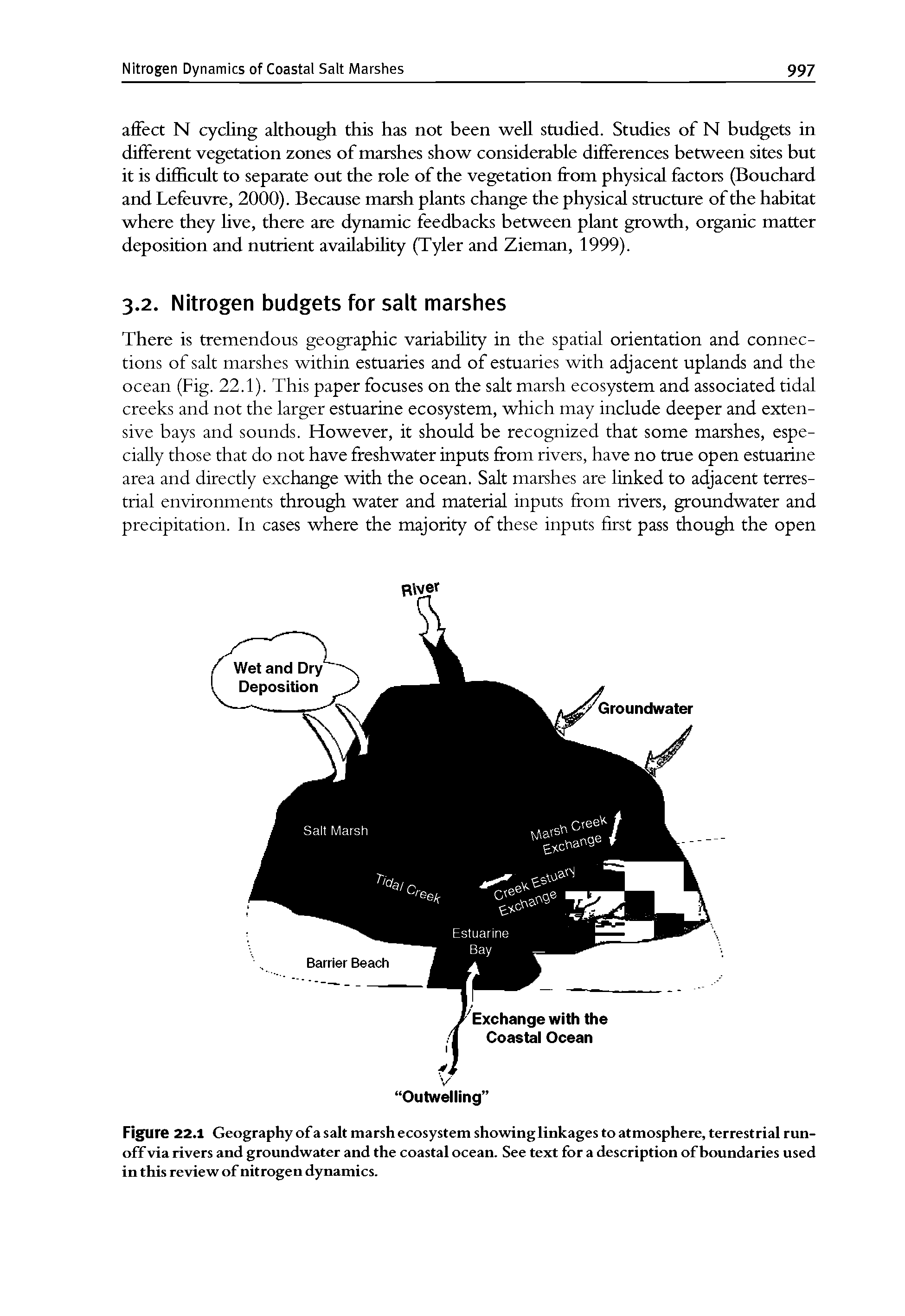Figure 22.1 Geography of a salt marsh ecosystem showing linkages to atmosphere, terrestrial runoff via rivers and groundwater and the coastal ocean. See text for a description of boundaries used in this review of nitrogen dynamics.