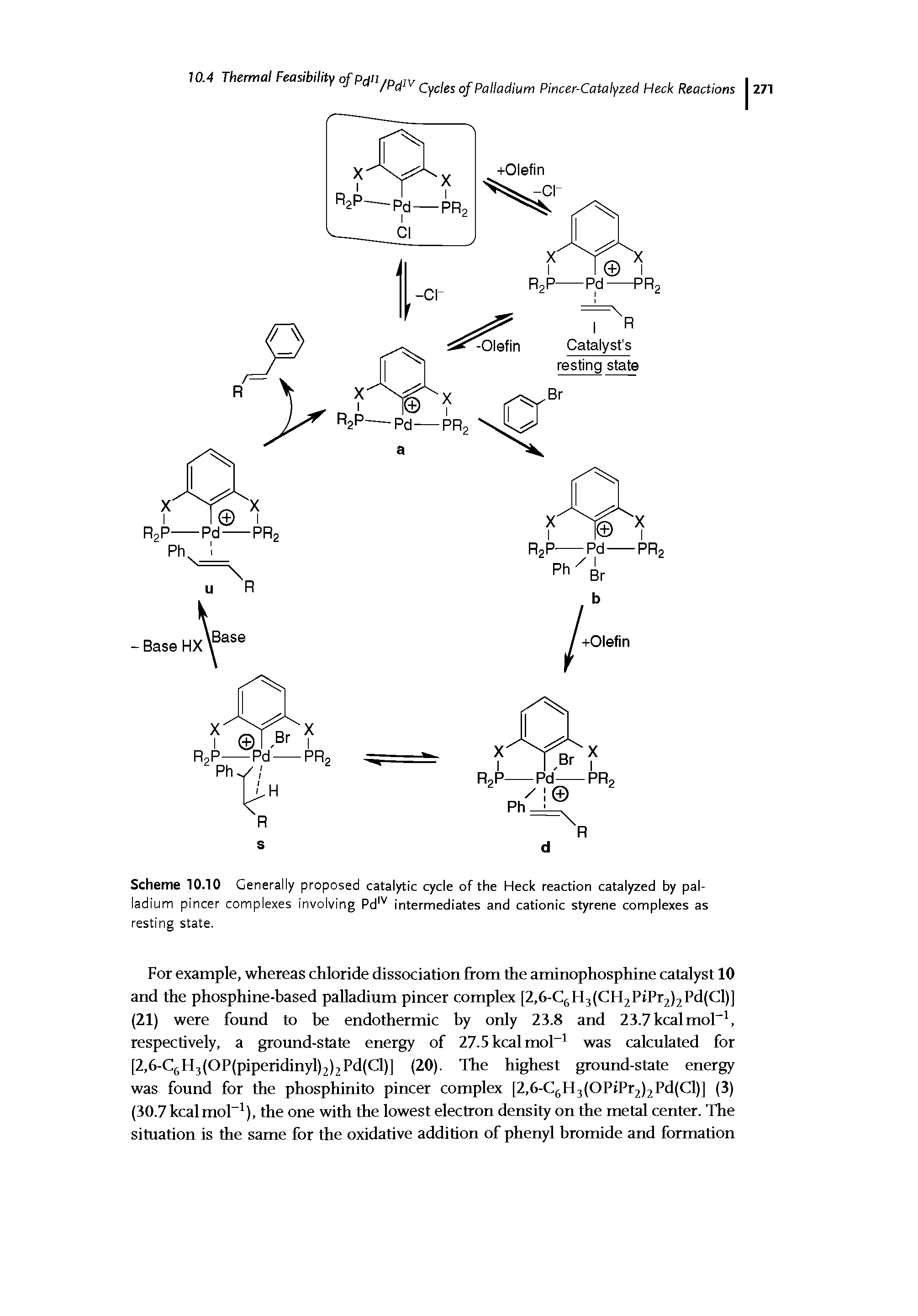 Scheme 10.10 Generally proposed catalytic cycle of the Heck reaction catalyzed by palladium pincer complexes involving Pd intermediates and cationic styrene complexes as resting state.