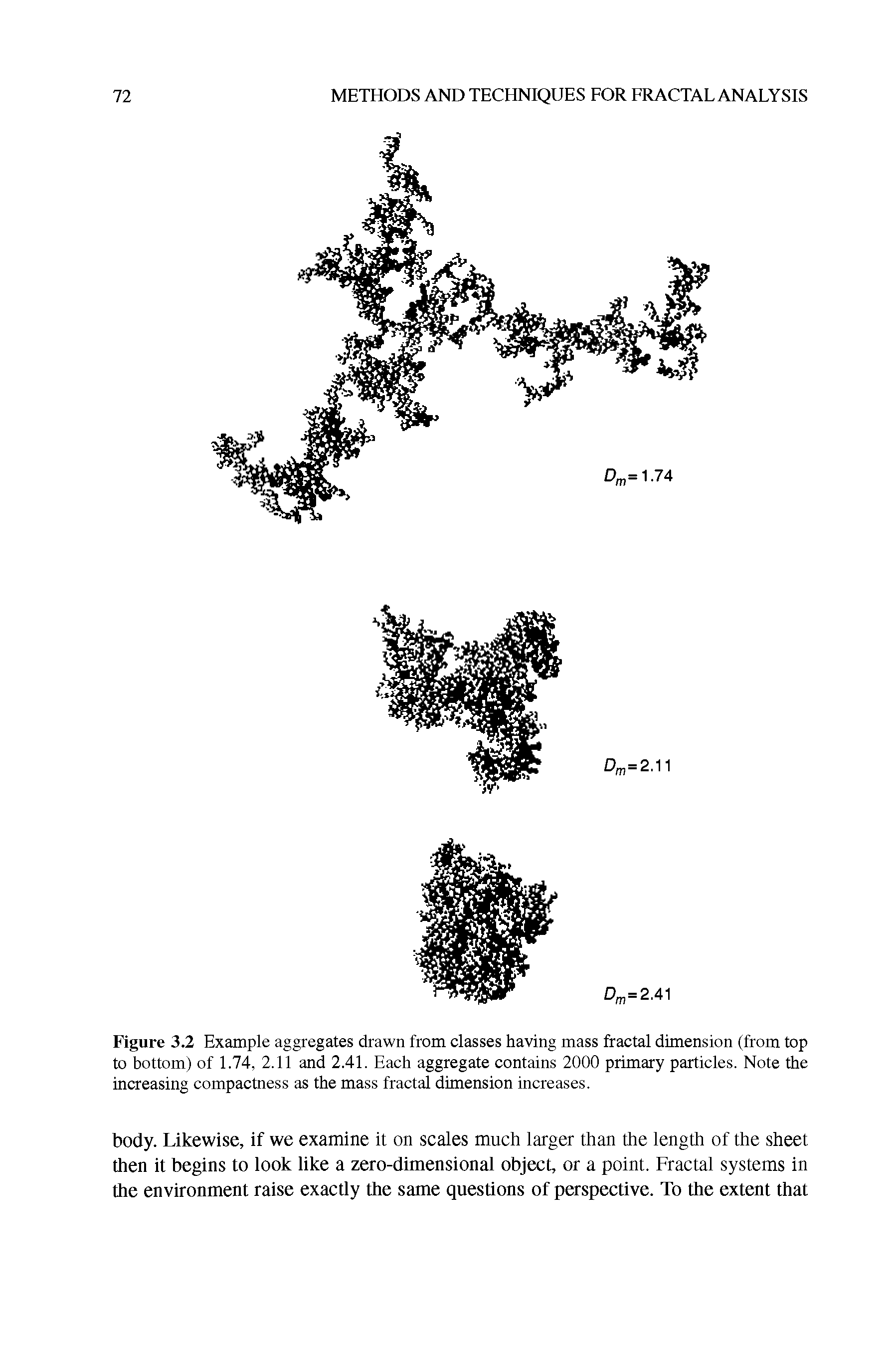 Figure 3.2 Example aggregates drawn from classes having mass fractal dimension (from top to bottom) of 1.74, 2.11 and 2.41. Each aggregate contains 2000 primary particles. Note the increasing compactness as the mass fractal dimension increases.