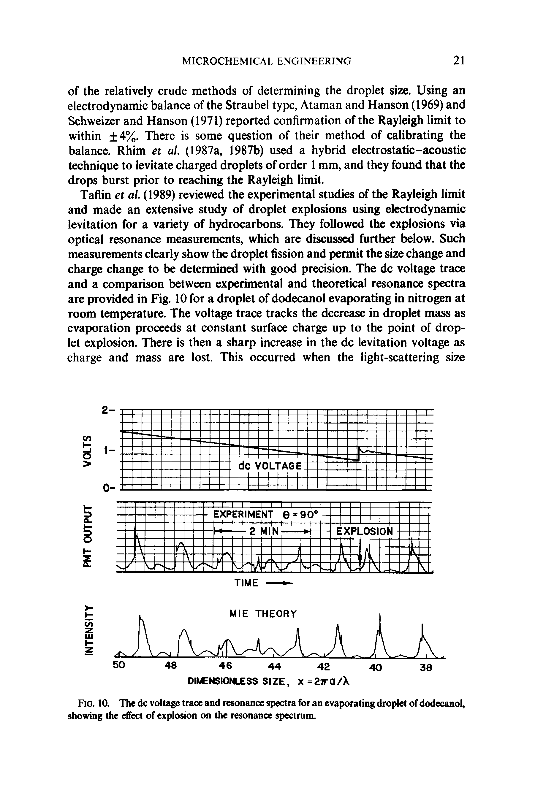 Fig. 10. The dc voltage trace and resonance spectra for an evaporating droplet of dodecanol, showing the effect of explosion on the resonance spectrum.