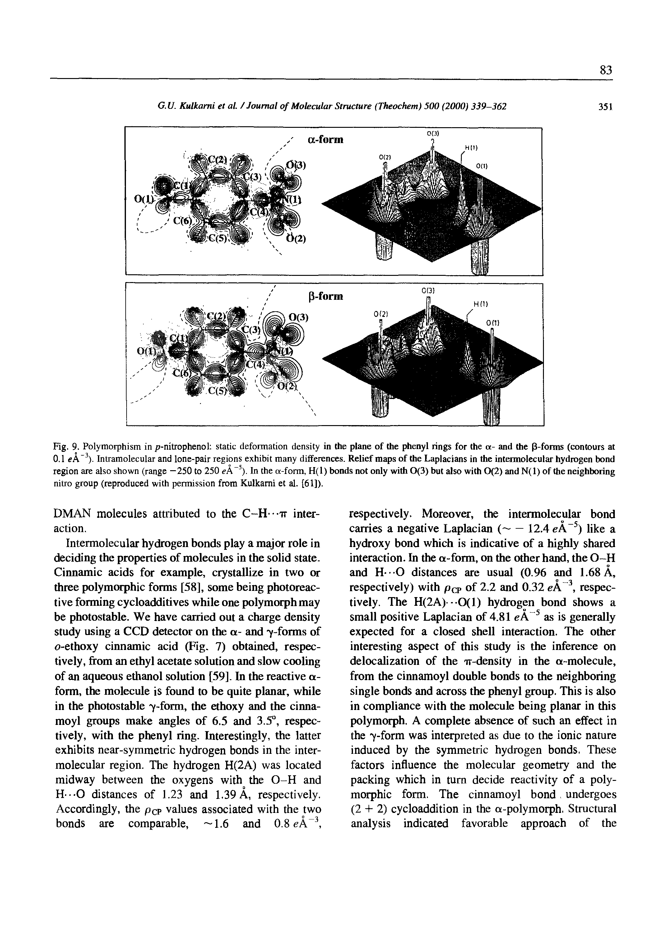 Fig. 9. Polymorphism in p-nitrophenol static deformation density in the plane of the phenyl rings for the a- and the (3-forms (contours at 0.1 eA-3). Intramolecular and lone-pair regions exhibit many differences. Relief maps of the Laplacians in the inteimolecular hydrogen bond region are also shown (range -250 to 250 eA-5). In the a-fonn, H(l) bonds not only with 0(3) but also with 0(2) and N(l) of the neighboring nitro group (reproduced with permission from Kulkami et al. [61]).