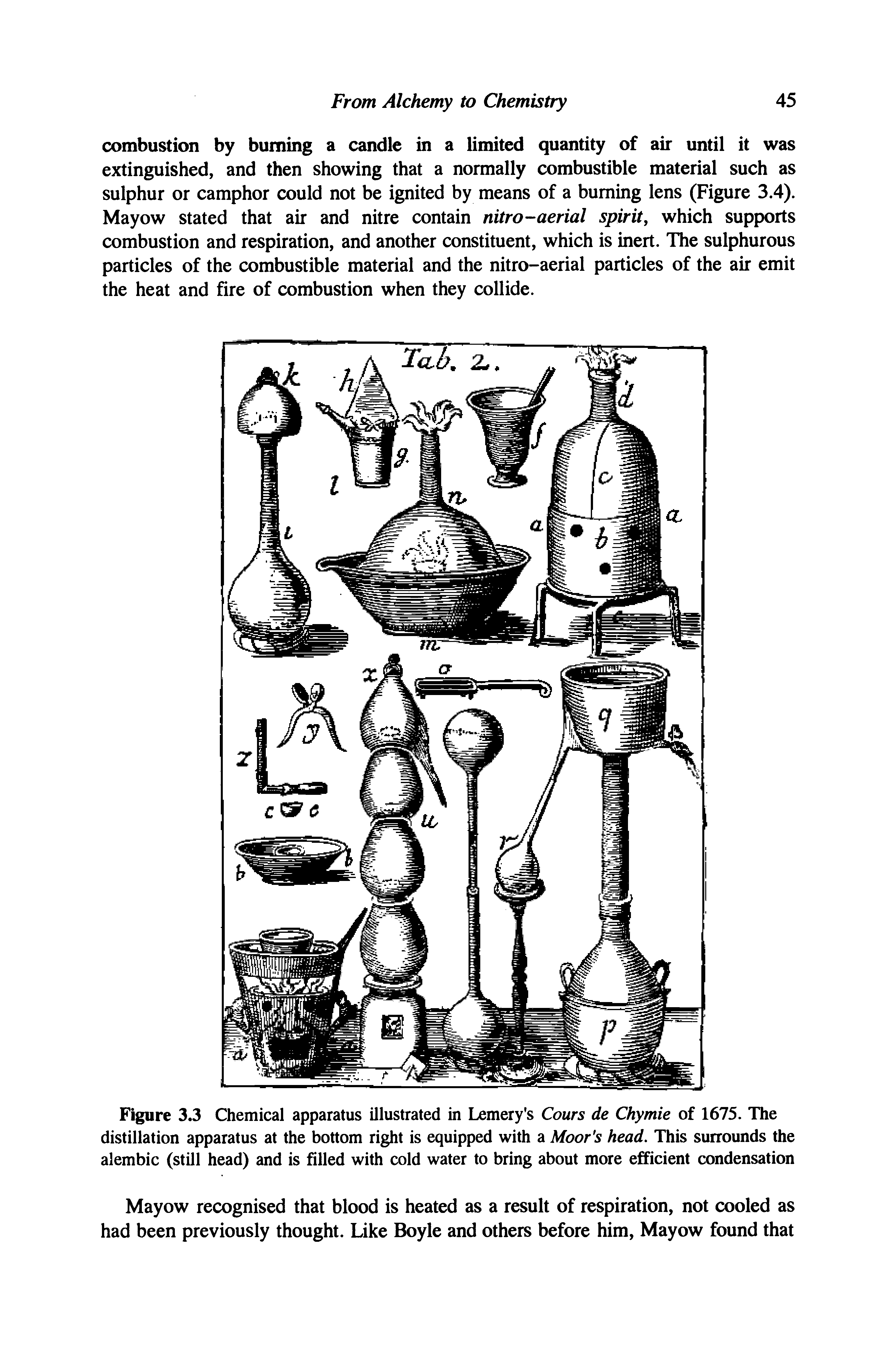Figure 3.3 Chemical apparatus illustrated in Lemery s Cours de Chymie of 1675. The distillation apparatus at the bottom right is equipped with a Moor s head. This surrounds the alembic (still head) and is filled with cold water to bring about more efficient condensation...