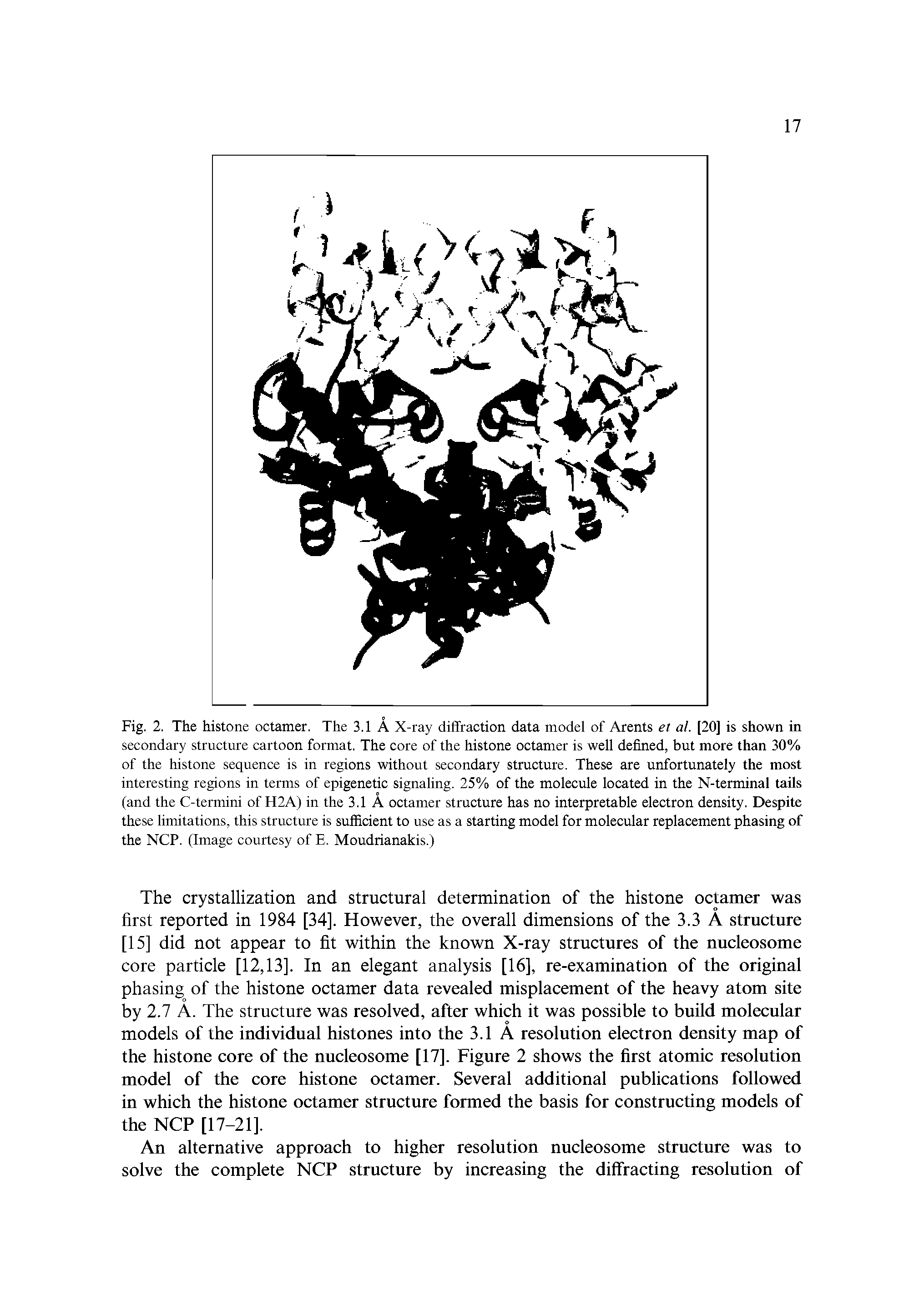 Fig. 2. The histone octamer. The 3.1 A X-ray diffraction data model of Arents et al. [20] is shown in secondary structure cartoon format. The core of the histone octamer is well defined, but more than 30% of the histone sequence is in regions without secondary structure. These are unfortunately the most interesting regions in terms of epigenetic signaling. 25% of the molecule located in the N-terminal tails (and the C-termini of H2A) in the 3.1 A octamer structure has no interpretable electron density. Despite these limitations, this structure is sufficient to use as a starting model for molecular replacement phasing of the NCP. (Image courtesy of E. Moudrianakis.)...