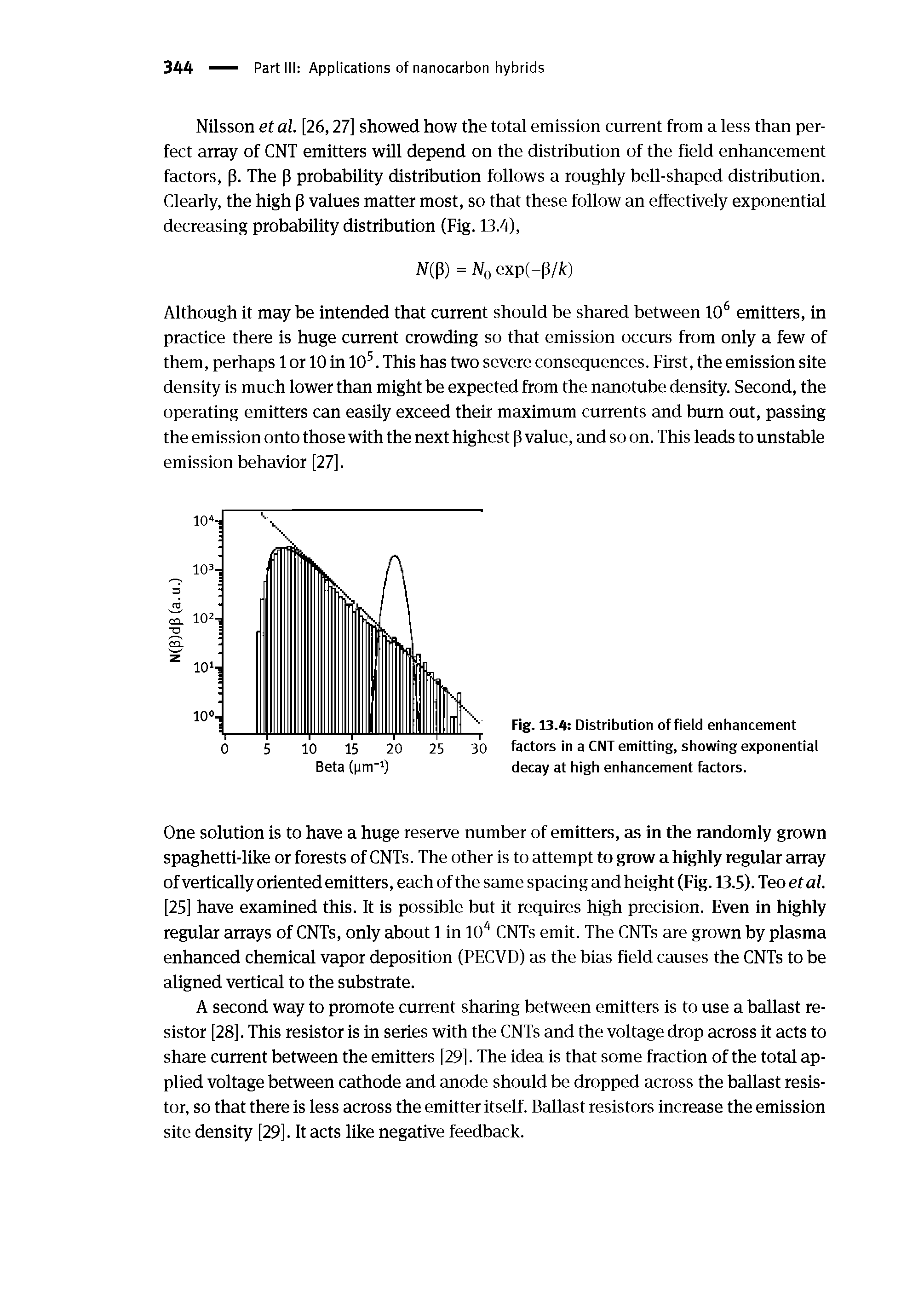 Fig. 13.4 Distribution of field enhancement factors in a CNT emitting, showing exponential decay at high enhancement factors.