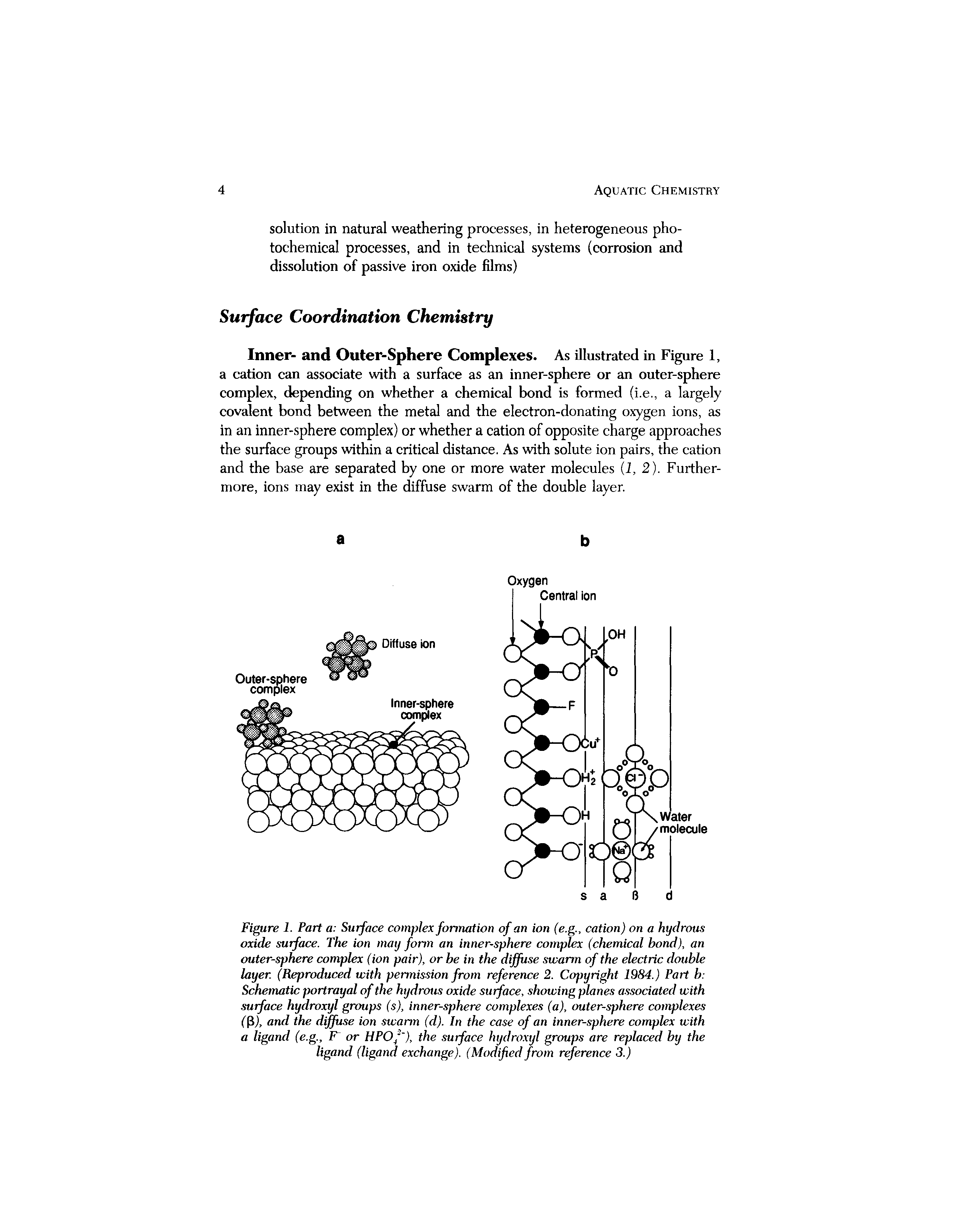 Figure 1. Part a Surface complex formation of an ion (e.g., cation) on a hydrous oxide surface. The ion may form an inner-sphere complex (chemical bond), an outer-sphere complex (ion pair), or be in the diffuse swarm of the electric double layer. (Reproduced with permission from reference 2. Copyright 1984.) Part h Schematic portrayal of the hydrous oxide surface, showing planes associated with surface hydroxyl groups (s), inner-sphere complexes (a), outer-sphere complexes ( 3), and the diffuse ion swarm (d). In the case of an inner-sphere complex with a ligand (e.g., F or HPOfi ), the surface hydroxyl groups are replaced by the ligand (ligand exchange). (Modified from reference 3.)...