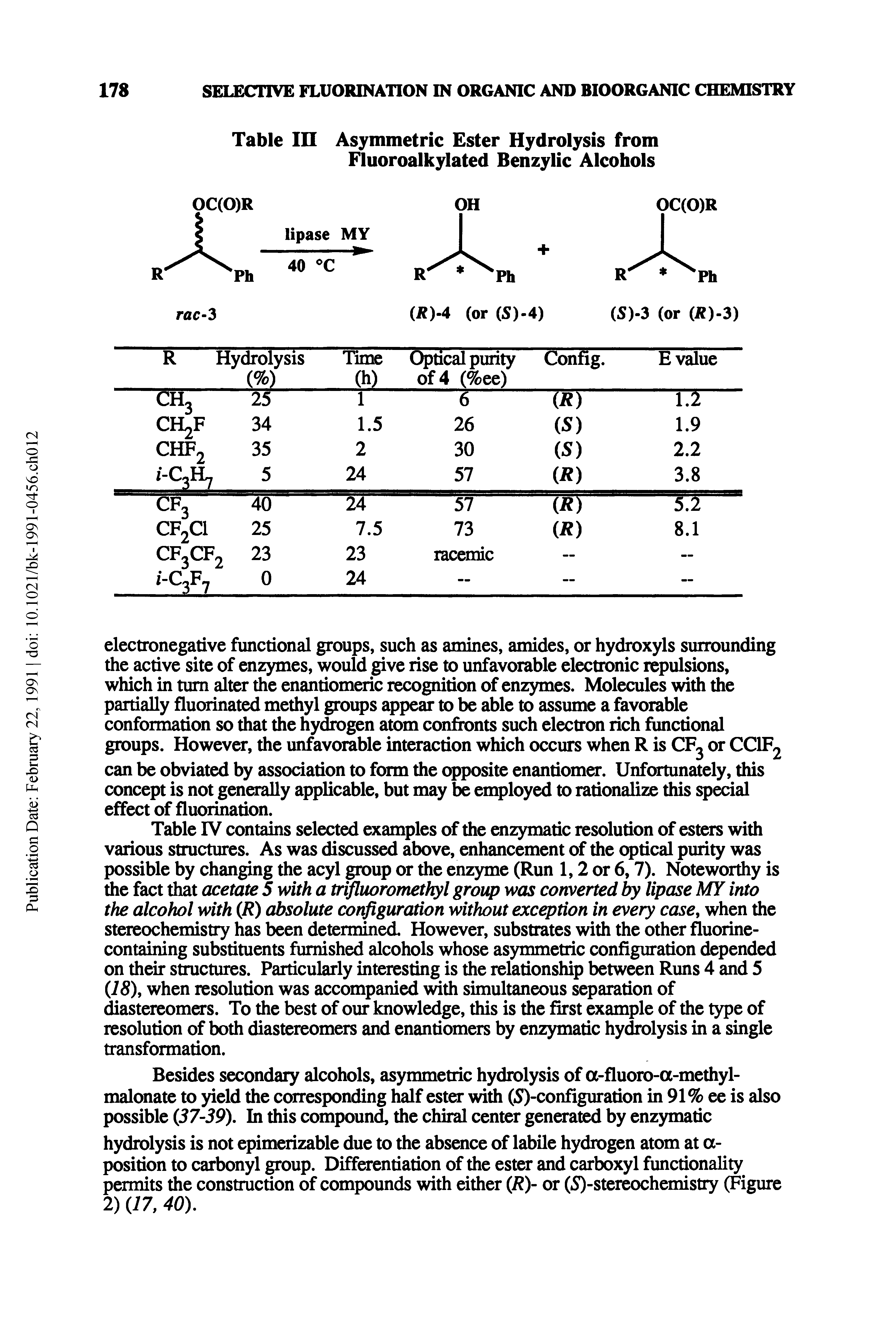 Table IV contains selected examples of the enzymatic resolution of esters with various structures. As was discussed above, enhancement of the optical purity was possible by changing the acyl group or the enzyme (Run 1,2 or 6,7). Noteworthy is the fact that acetate 5 with a trifluoromethyl group was converted by lipase MY into the alcohol with (R) absolute configuration without exception in every case, when the stereochemistry has been determined. However, substrates with the other fluorine-containing substituents furnished alcohols whose asymmetric configuration depended on their structures. Particularly interesting is the relationship between Runs 4 and 5 (18), when resolution was accompanied with simultaneous separation of diastereomers. To the best of our knowledge, this is the first example of the type of resolution of both diastereomers and enantiomers by enzymatic hydrolysis in a single transformation.