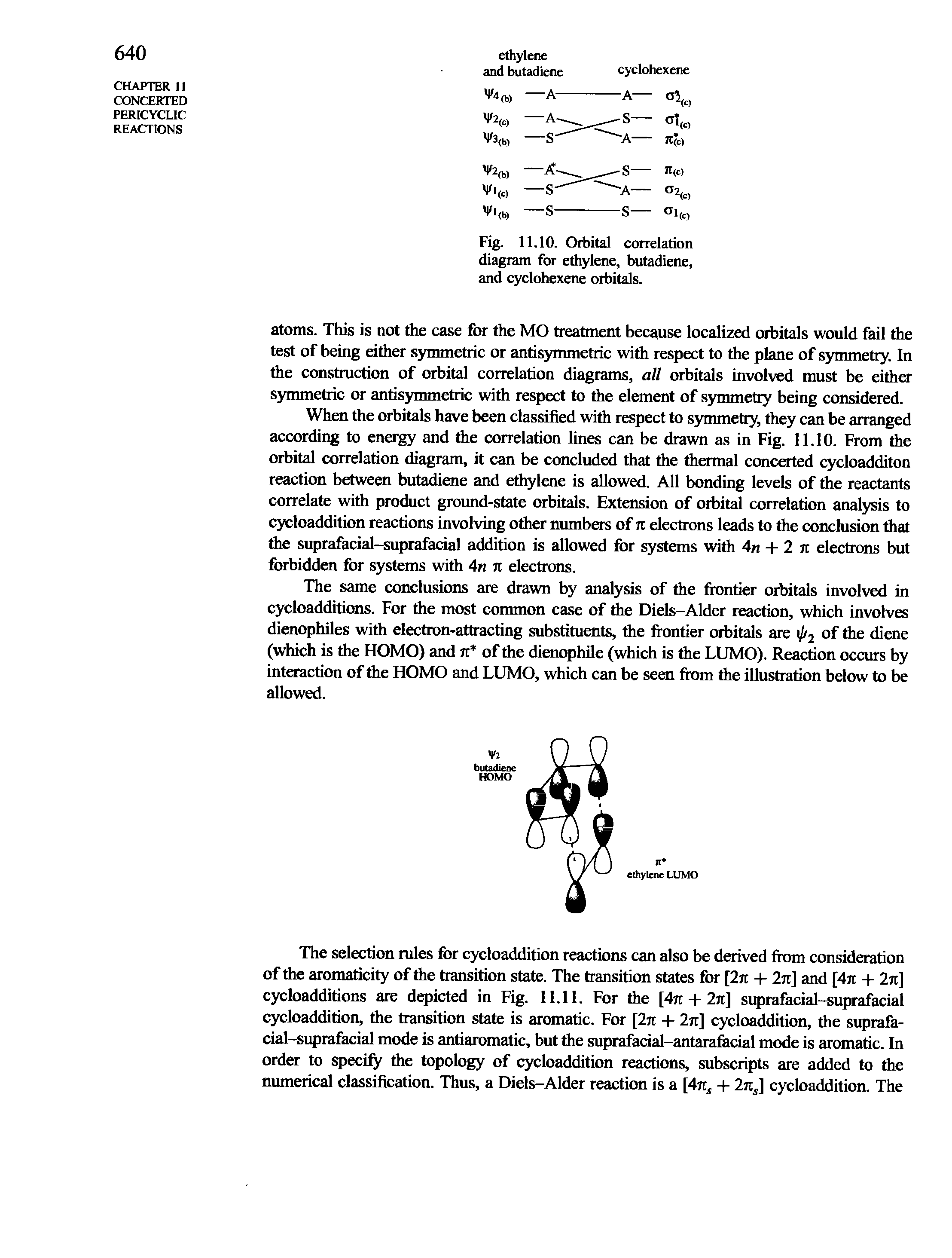 Fig. 11.10. Orbital correlation diagram for ethylene, butadiene, and cyclohexene orbitals.