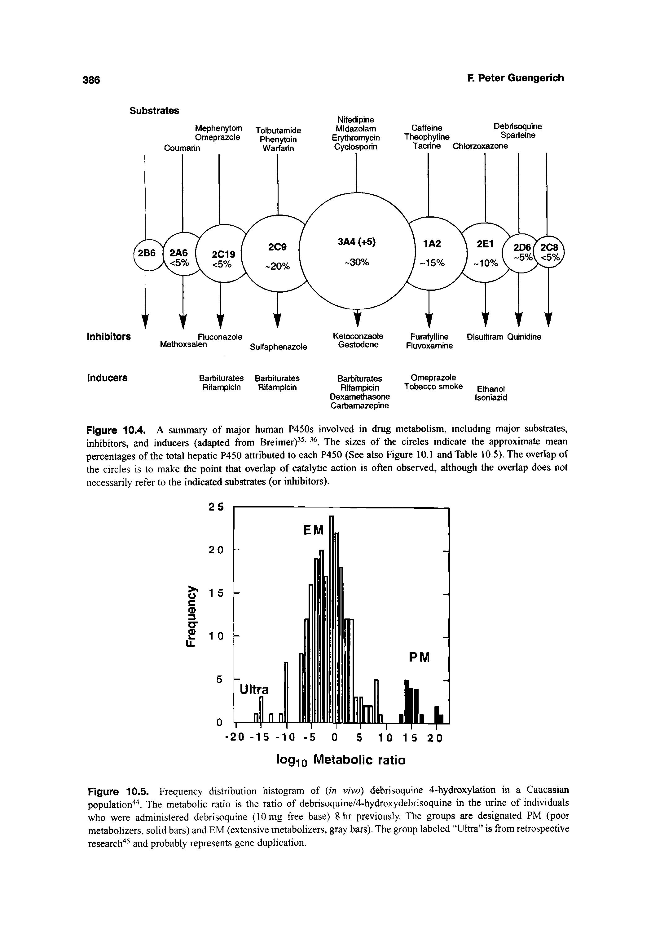 Figure 10.4. A summary of major human P450s involved in drug metabolism, including major substrates, inhibitors, and inducers (adapted from Breimer) - The sizes of the circles indicate the approximate mean percentages of the total hepatic P450 attributed to each P450 (See also Figure 10.1 and Table 10.5). The overlap of the circles is to make the point that overlap of catalytic action is often observed, although the overlap does not necessarily refer to the indicated substrates (or inhibitors).