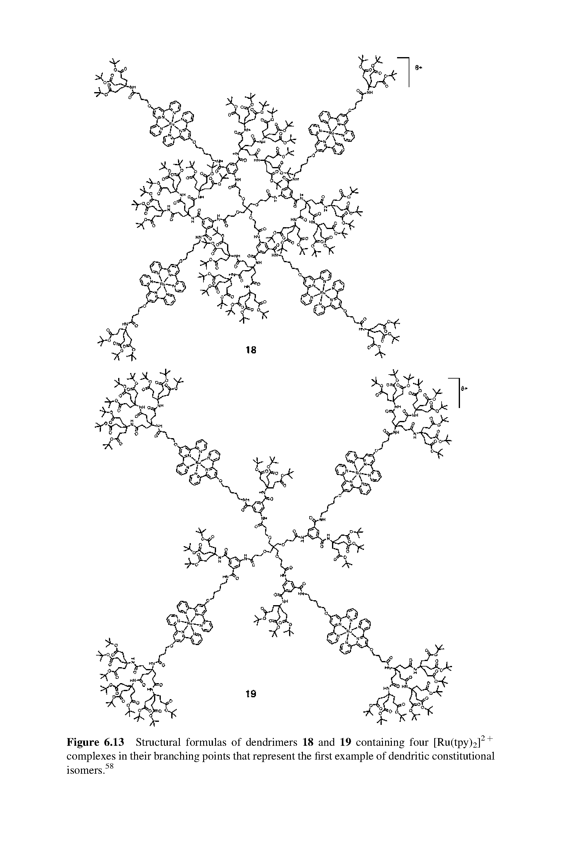 Figure 6.13 Structural formulas of dendrimers 18 and 19 containing four [Ru(tpy)2] + complexes in their branching points that represent the first example of dendritic constitutional isomers.58...
