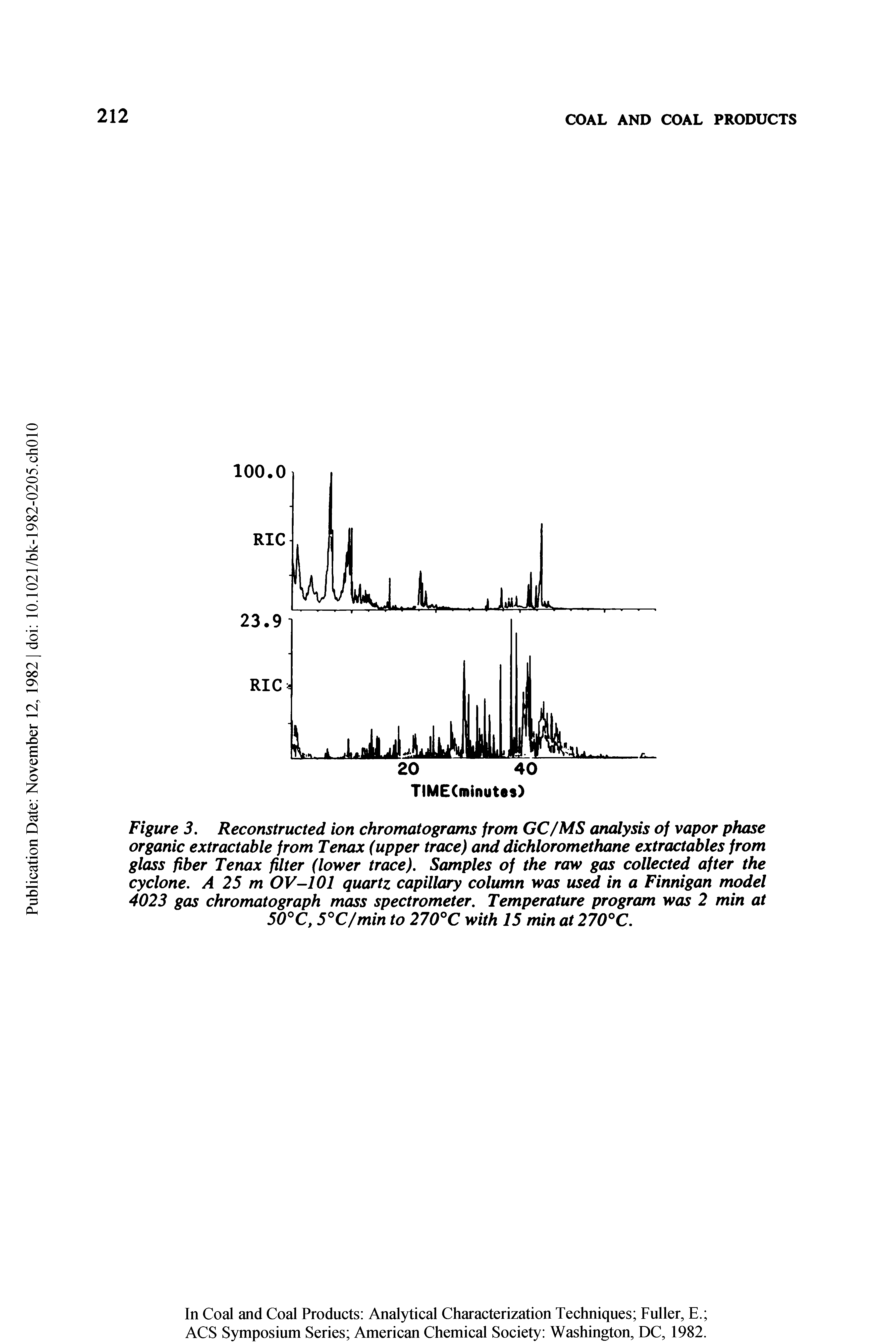 Figure 3. Reconstructed ion chromatograms from GC/MS analysis of vapor phase organic extractable from Tenax (upper trace) and dichloromethane extractables from glass fiber Tenax filter (lower trace). Samples of the raw gas collected after the cyclone. A 25 m OV-101 quartz capillary column was used in a Finnigan model 4023 gas chromatograph mass spectrometer. Temperature program was 2 min at 50°C, 5°C/min to 270°C with 15 min at 270 C.