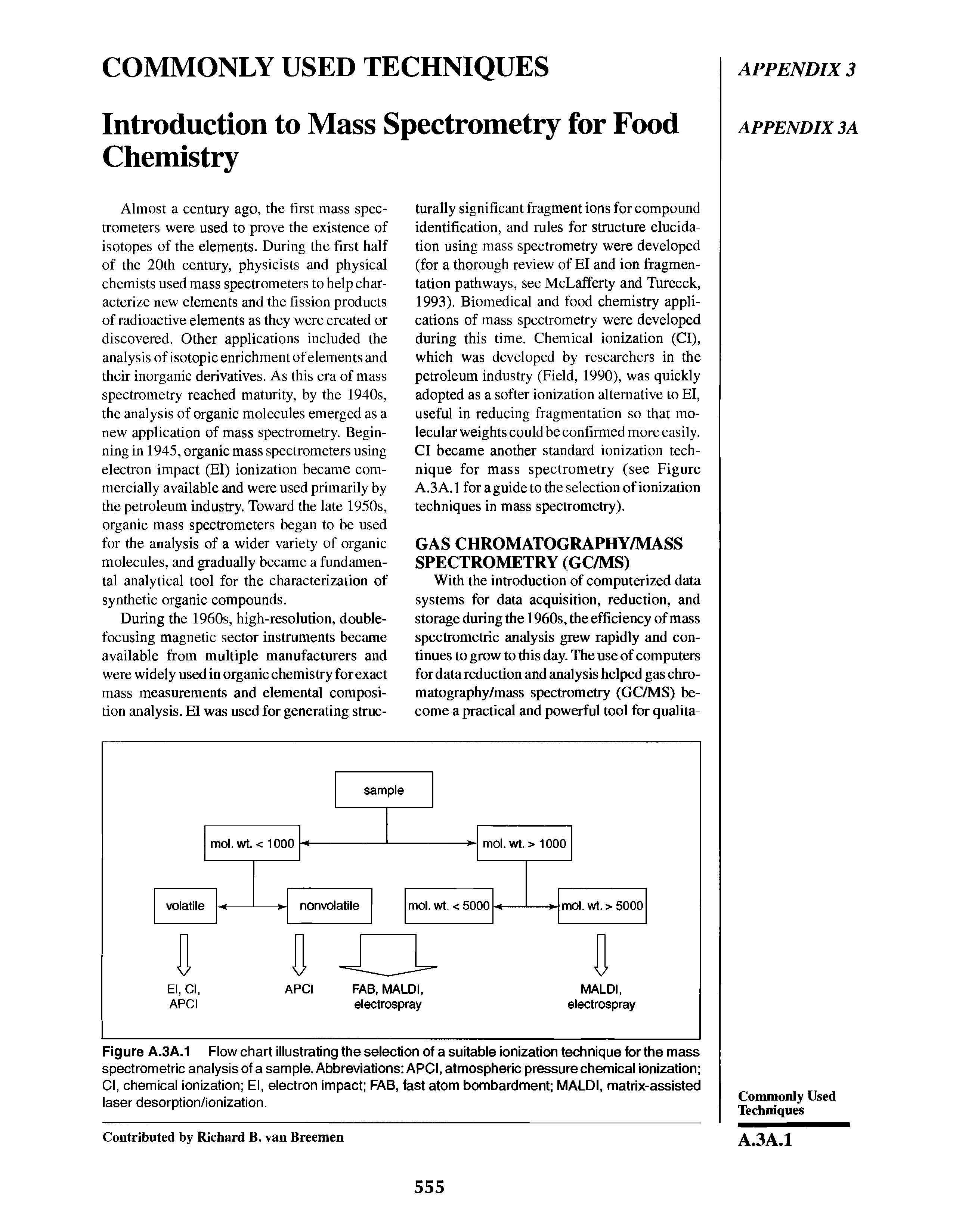 Figure A.3A.1 Flow chart illustrating the selection of a suitable ionization technique for the mass spectrometric analysis of a sample. Abbreviations APCI, atmospheric pressure chemical ionization Cl, chemical ionization El, electron impact FAB, fast atom bombardment MALDI, matrix-assisted laser desorption/ionization.