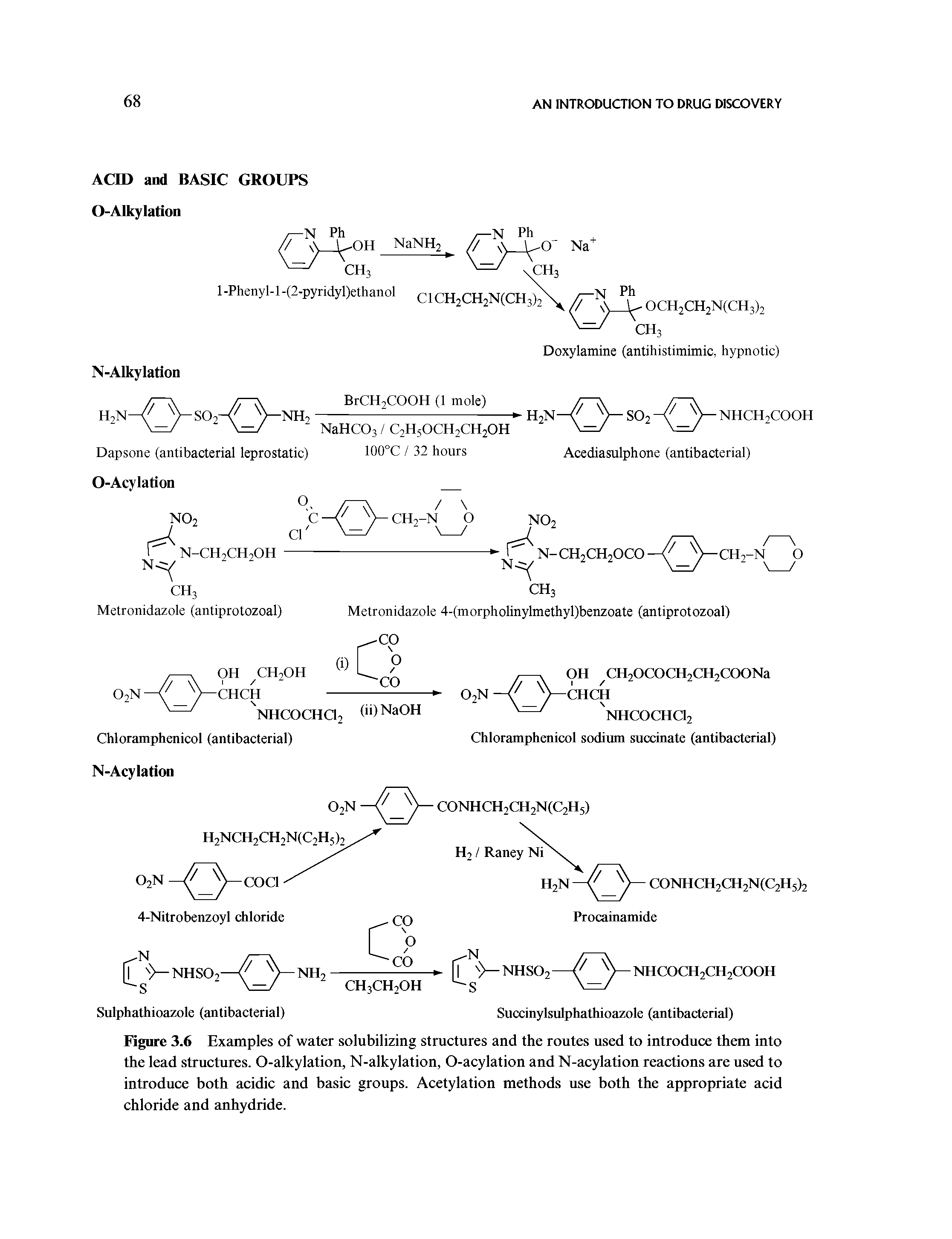 Figure 3.6 Examples of water solubilizing structures and the routes used to introduce them into the lead structures. O-alkylation, N-alkylation, O-acylation and N-acylation reactions are used to introduce both acidic and basic groups. Acetylation methods use both the appropriate acid chloride and anhydride.