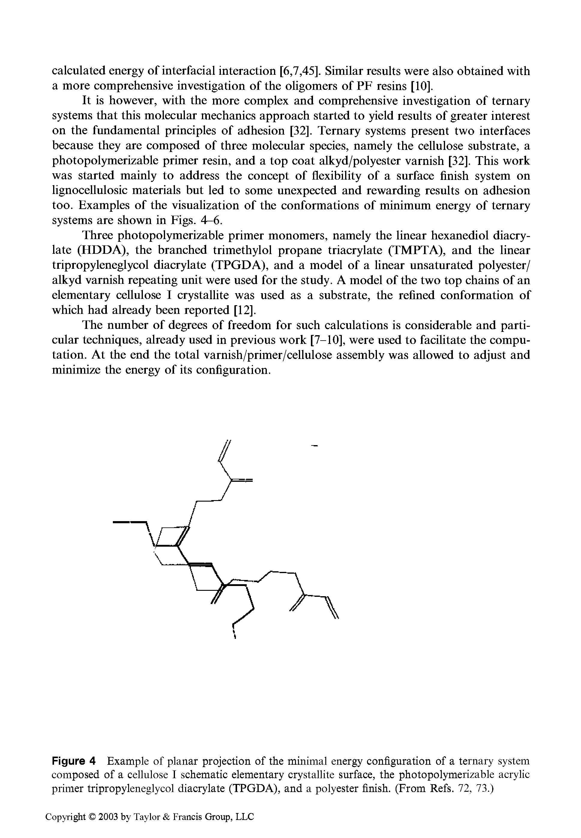 Figure 4 Example of planar projection of the minimal energy configuration of a ternary system composed of a cellulose I schematic elementary crystallite surface, the photopol5mierizable acrylic primer tripropyleneglycol diacrylate (TPGDA), and a polyester finish. (From Refs. 72, 73.)...
