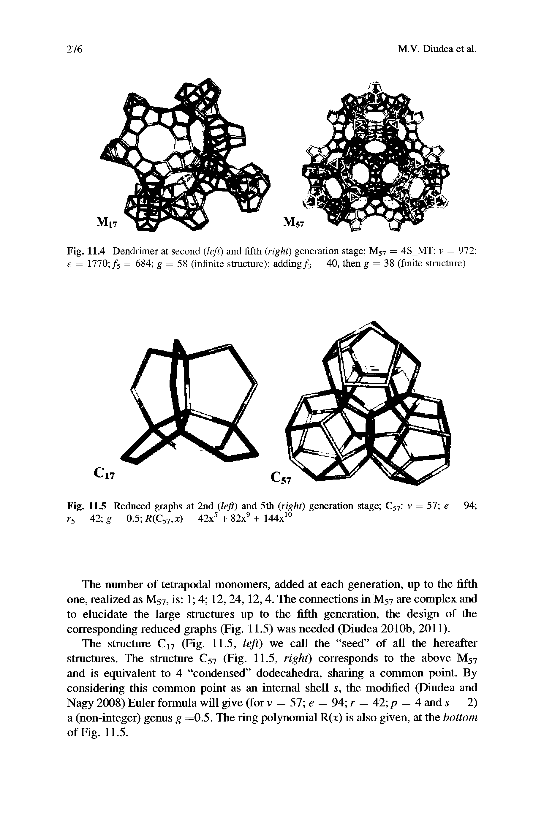 Fig. 11.4 Dendrimer at second left) and fifth (right) generation stage M57 = 4S MT v = 972 e = 1770 /s = 684 g = 58 (infinite structure) adding/3 = 40, then g = 38 (finite structure)...