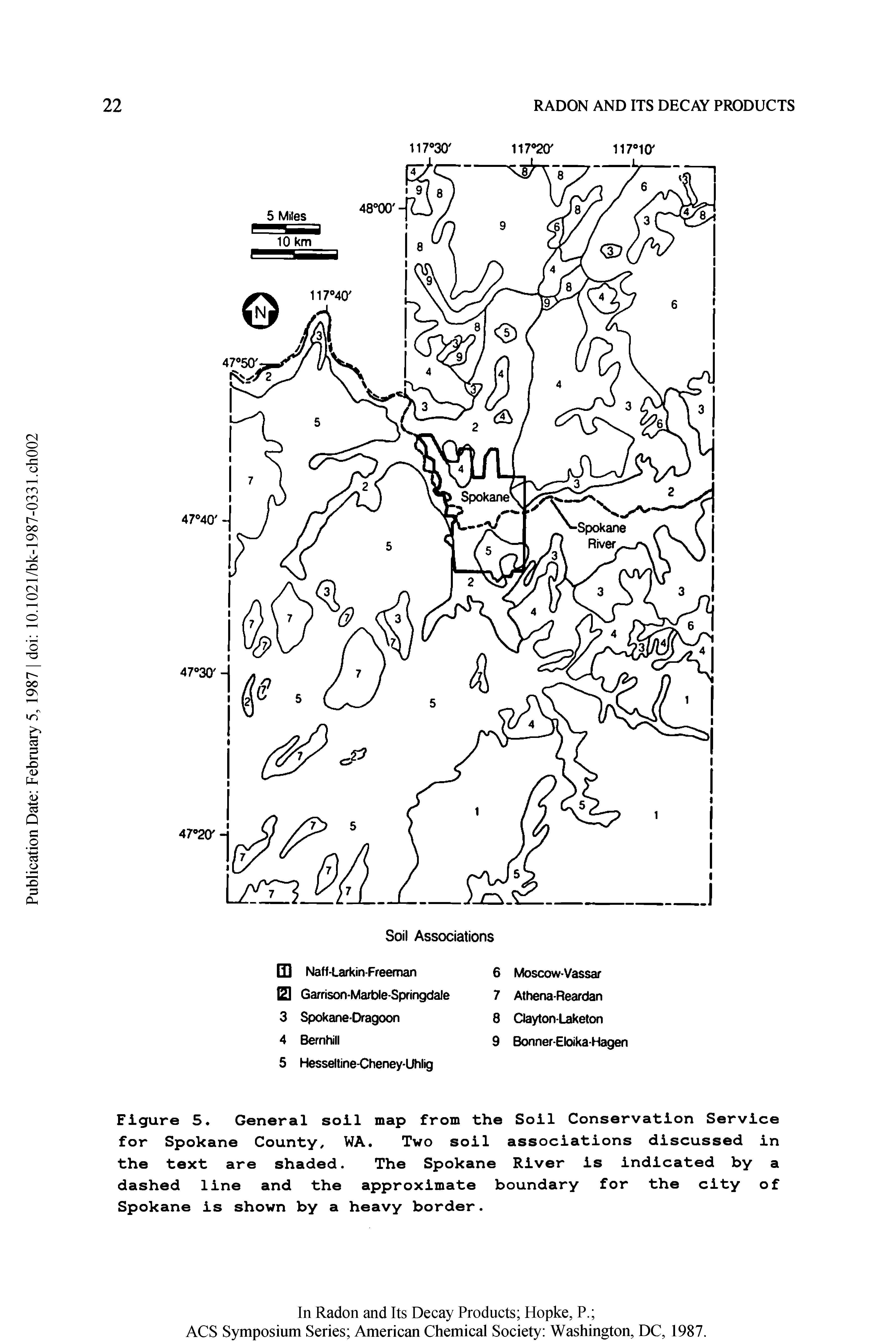 Figure 5. General soil map from the Soil Conservation Service for Spokane County, WA. Two soil associations discussed in the text are shaded. The Spokane River is indicated by a dashed line and the approximate boundary for the city of Spokane is shown by a heavy border.
