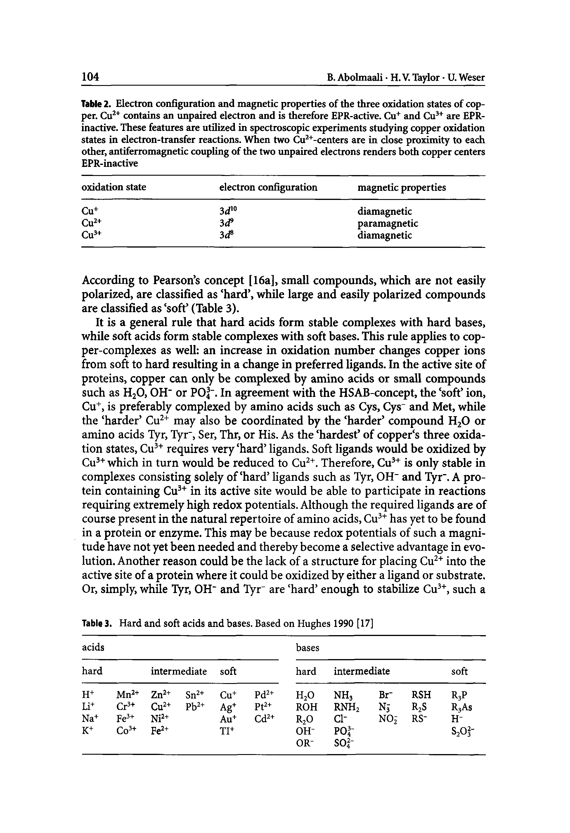 Table 2. Electron configuration and magnetic properties of the three oxidation states of copper. Cu2+ contains an unpaired electron and is therefore EPR-active. Cu+ and Cu3+ are EPR-inactive. These features are utilized in spectroscopic experiments studying copper oxidation states in electron-transfer reactions. When two Cu2+-centers are in close proximity to each other, antiferromagnetic coupling of the two unpaired electrons renders both copper centers EPR-inactive...