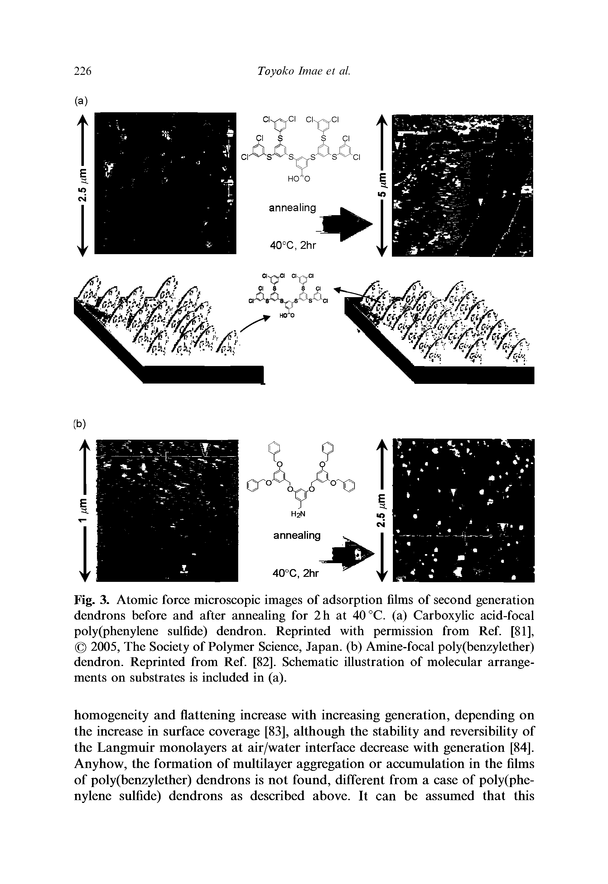 Fig. 3. Atomic force microscopic images of adsorption films of second generation dendrons before and after annealing for 2h at 40 °C. (a) Carboxylic acid-focal poly(phenylene sulfide) dendron. Reprinted with permission from Ref. [81], 2005, The Society of Polymer Science, Japan, (b) Amine-focal poly(benzylether) dendron. Reprinted from Ref. [82]. Schematic illustration of molecular arrangements on substrates is included in (a).