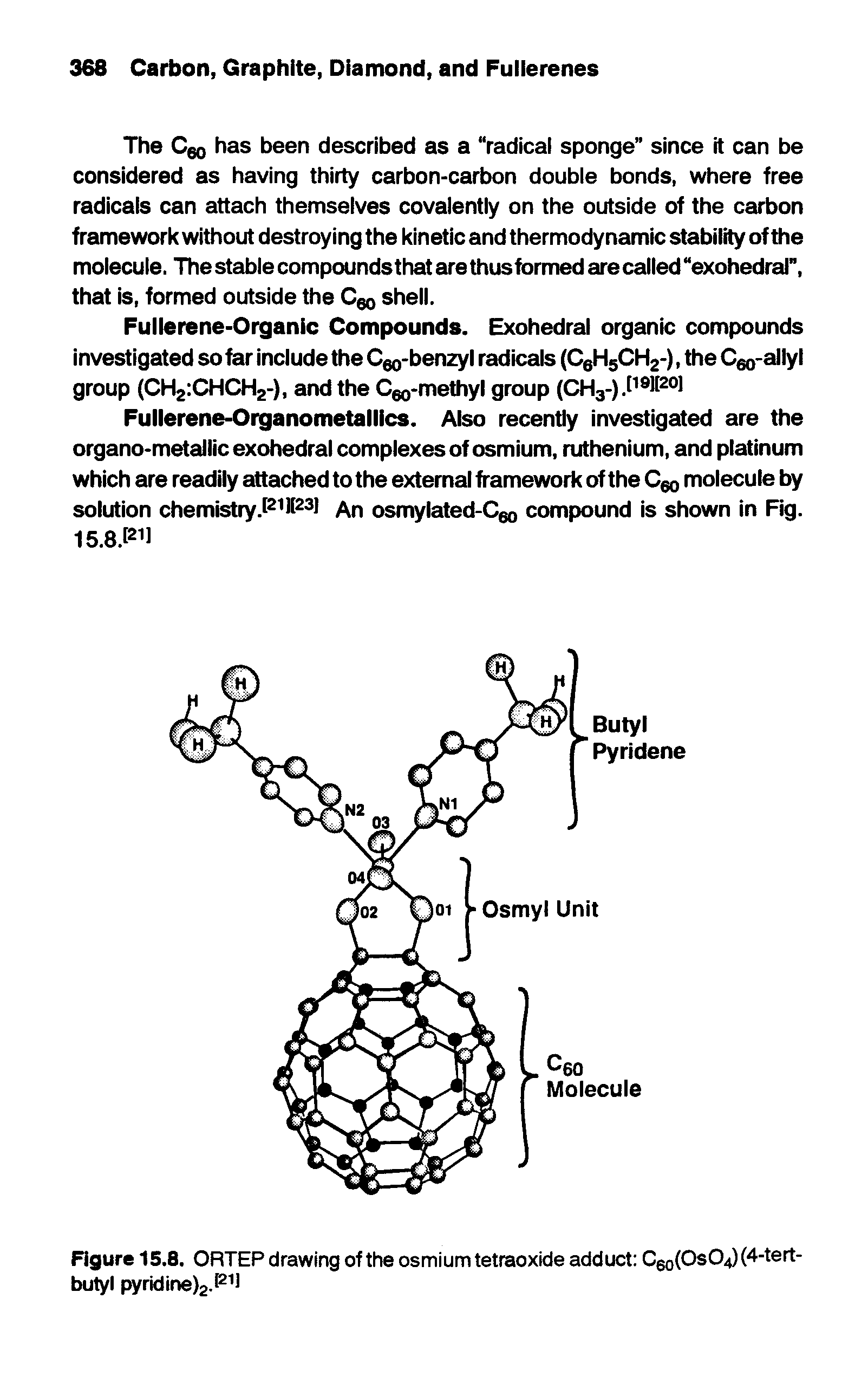Figure 15.8. ORTEP drawing of the osmium tetraoxide adduct C6o(Os04) (4-tert-butyl pyridine)2.P l...