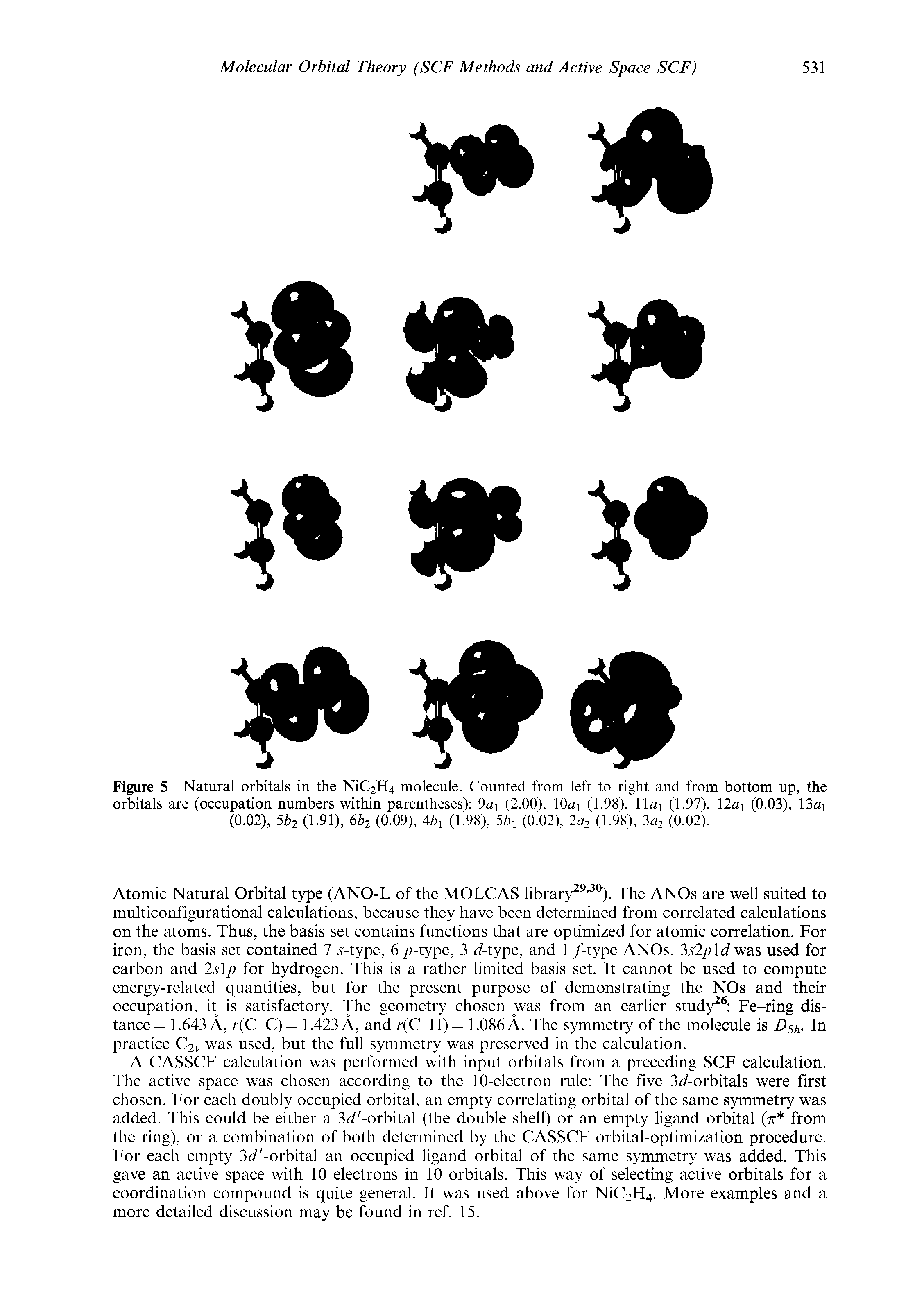 Figure 5 Natural orbitals in the MC2H4 molecule. Counted from left to right and from bottom up, the orbitals are (occupation numbers within parentheses) 9a (2.00), lOai (1.98), llai (1.97), 12ai (0.03), 13ai (0.02), 5b2 (1.91), 6b2 (0.09), 4/>i (1.98), 5bi (0.02), 2 2 (1-98), 3 2 (0.02).